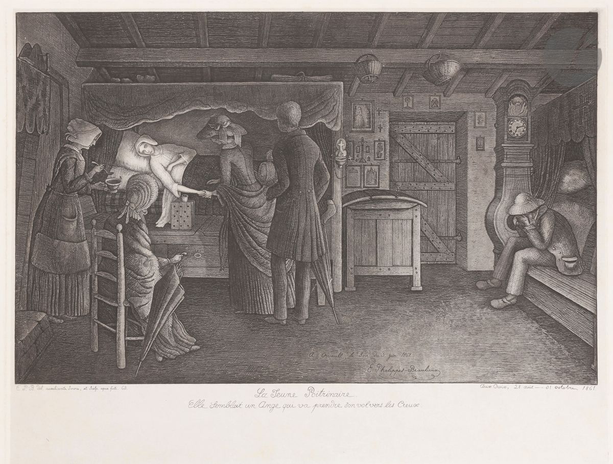 Emmanuel Phelippes-Beaulieux (1829-1874) 
La Jeune poitrinaire / Elle semblait un Ange qui va prendre son vol vers les Cieux. 1861. Eau-forte et roulette. 400 x 320. Très belle épreuve sur chine appliqué. Dans le sujet, la mention gravée : « A Orvault, le soir du 3 juin 1861 », et dans la tablette « Aux Croix, 28 août – 31 octobre 1861 ». Rousseurs claires dans les grandes marges.