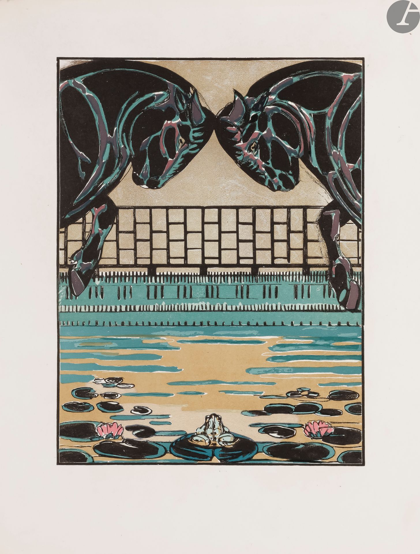 JOUVE (Paul) - LA FONTAINE (Jean de).
Fables.
[Lausanne] : Gonin & Cie, 1929. - In-4, 326 x 255 : (4 blank ff.), 78 pp, (6 ff. last 4 blank), illustrated cover. In sheets, filled cover, in a hard parchment folder with 4 leather laces and publisher's case.
Edition illustrated with 32 superb compositions by Paul JOUVE (1878-1973), including one in color on the cover, 13 in color on full page, 12 bands in color and 6 culs-de-lampe in color, two-tone or monochrome. In addition, there are 25 letters drawn by François-Louis SCHMIED.
Edition at 150 copies on wove paper, signed by Paul Jouve at the justification. This one is one of the 130 numbered in Arabic numerals.
Case damaged.




