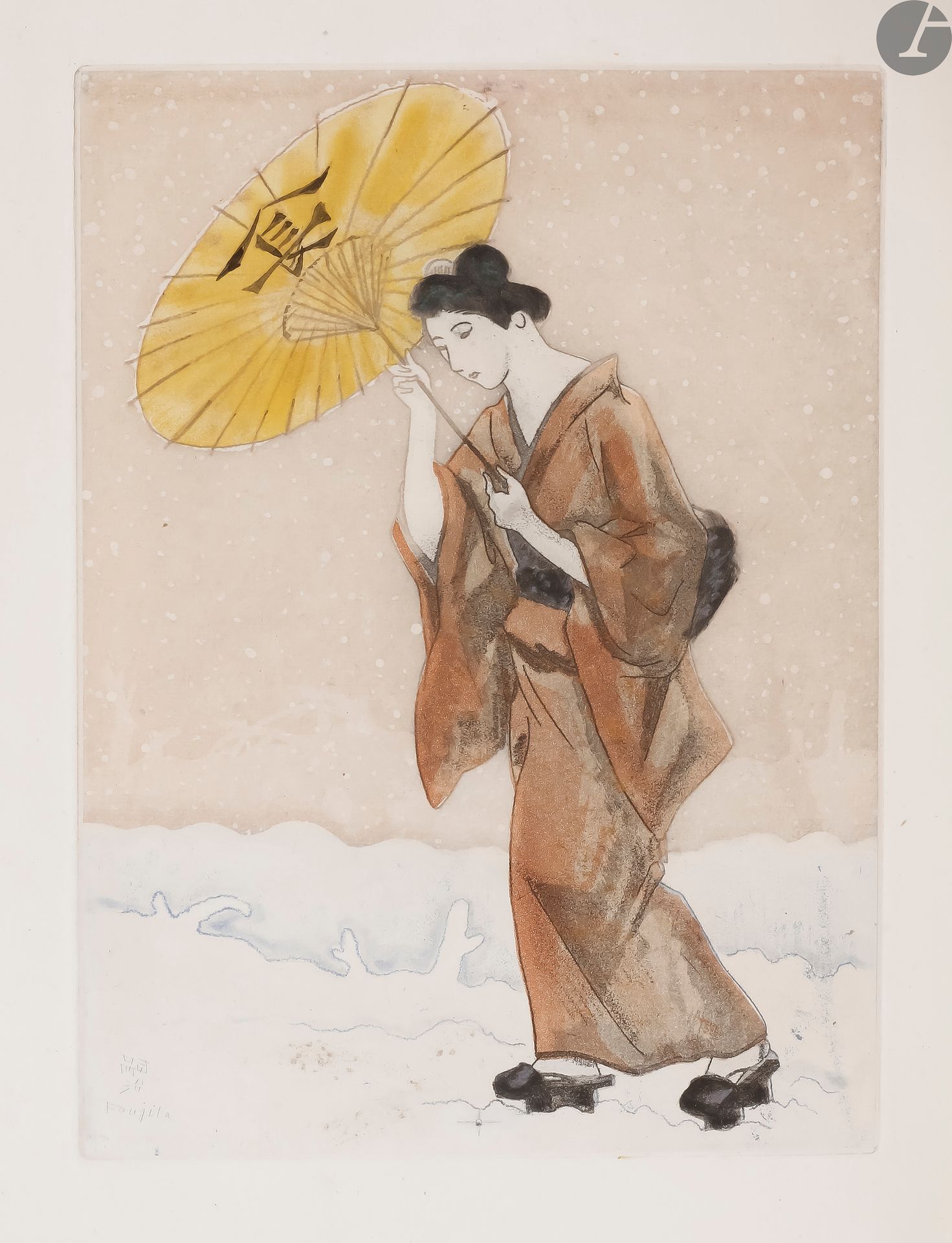 FOUJITA (Léonard) - LOTI (Pierre).
The Third Youth of Mrs. Prune.
Paris : Éditions d'art Devambez, 1926. - In-4, 284 x 229 : frontispiece, (5 ff. 2 first blanks), 175 pp. (3 ff. 2 last blanks), 10 plates, printed cover. Half black morocco, cloth boards decorated with japanese motifs, smooth spine, untrimmed, cover and spine preserved, case (L. Strid).
First illustrated edition, decorated with 17 original etchings in colors, engraved by Léonard FOUJITA (1886-1968), one of which is in the frontispiece and 10 hors texte.
Edition at 457 copies, this one being one of 325 on Arches vellum, very well bound by the Swedish bookbinder Lars Strid. 
Some foxing.




