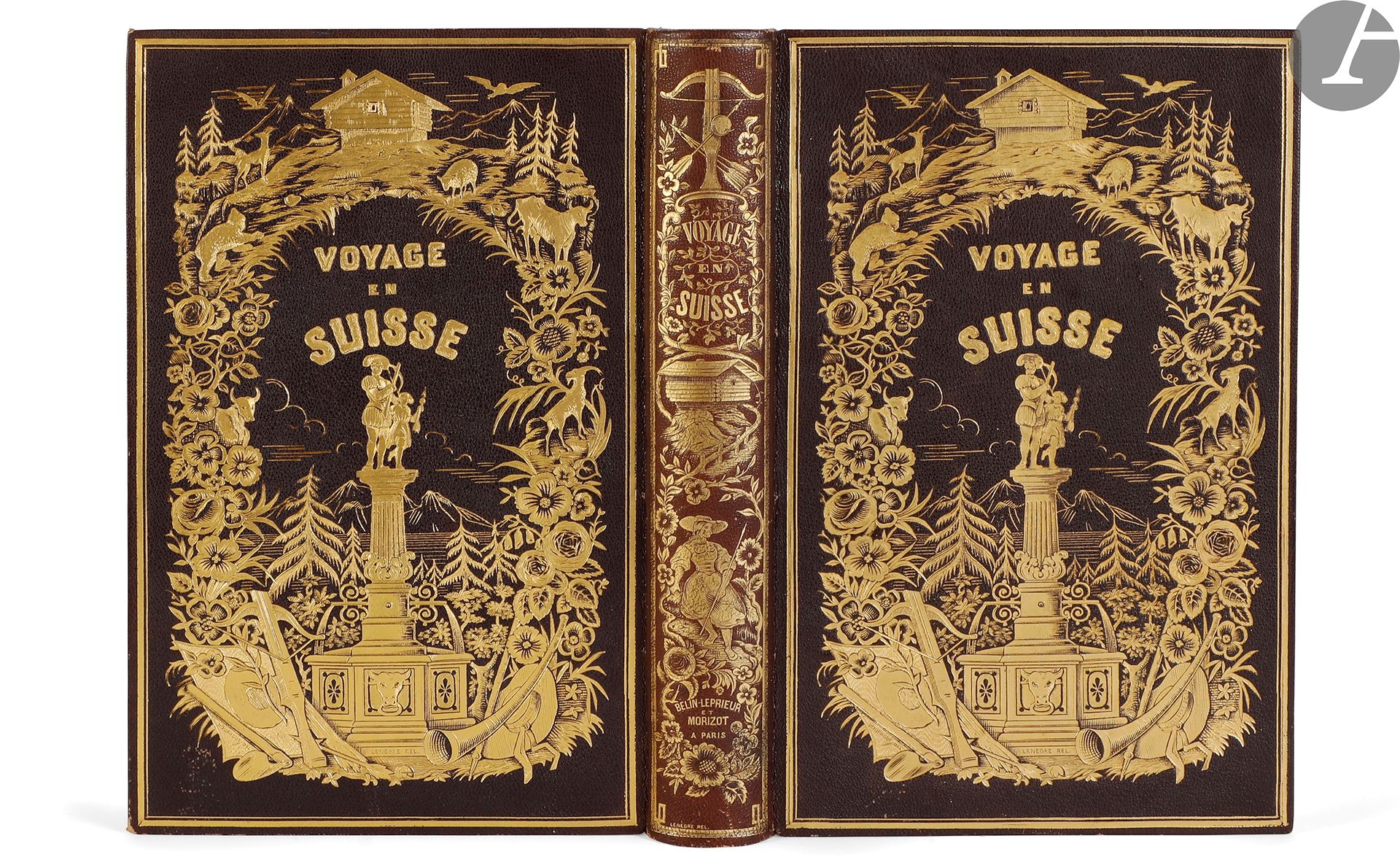 *BÉGIN (Émile).
Voyage pittoresque en Suisse en Savoie et sur les Alpes.
Paris : Belin-Leprieur et Morizot, 1852. — In-8, 260 x 168 : frontispice, VIII, 560 pp., 23 planches. Chagrin brun de l’éditeur, plaque gravée par Liebherre dorée sur les plats et le dos, quadruple filet doré en encadrement à l’intérieur, tranches dorées (Lenègre).
Édition originale de cette relation composée par Émile Bégin (1802-1888) qui était un officier de santé, historien et bibliothécaire, connu pour avoir publié de nombreux travaux sur la Lorraine. Elle est illustrée de 24 planches dessinées et gravées sur acier par Rouargue frères, dont 8 de costumes en couleurs.
Rare exemplaire en plein chagrin de l’éditeur signé de Lenègre, portant sur les plats et le dos des plaques dorées gravées par Liebherre. Celle figurant sur les plats représente une statue de Guillaume Tell posée sur une colonne servant de décor à une fontaine, dans un encadrement composé de paysages de montagne, de fleurs, de différents animaux, etc.
Ces mêmes plaques seront utilisées de nouveau pour décorer le cartonnage du Voyage en Suisse de Xavier Marmier publié par Morizot en 1862.
Exemplaire très bien conservé.
Rousseurs éparses.
Provenance : Bourlon de Rouvre, avec ex-libris.