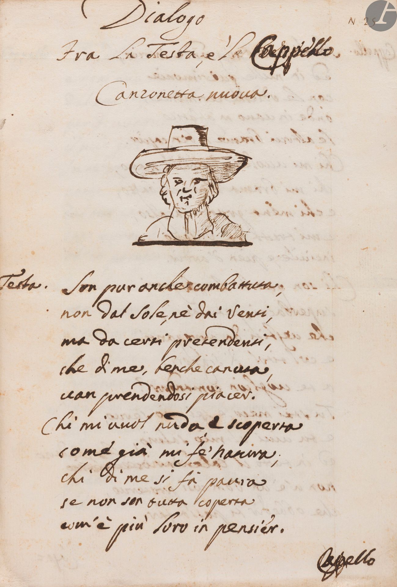 [POÉSIE]. [ITALIE]. BARUFFALDI (Girolamo) (1675-1755).
Recueil de poésies satiriques italiennes dont plusieurs « Baccanale ». 
En italien, manuscrit composite sur papier.
Italie, certainement Emilie-Romagne, Ferrare (?) ou Cento (province de Ferrare, plusieurs pièces sont écrites de Cento), certaines pièces datées 1703 à 1752 (environ).

Recueil composite de 10 pièces + 30 pièces, rassemblées et cousues ensemble, de dimensions variables, toutes sur papier, écritures cursives à l’encre brune. Reliure de plein cartonnage de l’époque, dos lisse avec inscription à l’encre : « Baruffaldi Gir. Sen. Baccanali MSSI no. 171 ». Dimensions : 250 x 180 mm 
Il peut s’agir de l’exemplaire composite de Baruffaldi, rassemblant de 1703 jusqu’en 1752 ses poèmes et notamment ses « Bacchanali » sur lesquels il travailla toute sa vie.
En partie autographe (nombreuses pièces signées), ce recueil contient des pièces poétiques dont plusieurs sont nommées « Baccanale », forme de poème satirique qui relève de la poésie dite « dithyrambique ». Nous savons par le catalogue de la Vente Libri (Sotheby’s and Leigh, A Catalogue of the Extraordinary Collection of Splendid Manuscripts…Formed by M. Guglielmo Libri (Londres, 28 March 1859, lots 127 à 135, tous autographes et déclarés inédits) qu’un certain nombre de manuscrits autographes de Girolamo Baruffaldi étaient en circulation : « Girolamo Baruffaldi the elder was one of the most learned men of his time, alike distinguished for historical and classical knowledge. A life and a long list of his works, printed and manuscript, will be found in Mazzuchelli (Scrittori d’Italia, vol. II, part I, pp. 483-493) ». Il existe une première édition partielle des Bacchanali, parue à Venise en 1722, mais beaucoup des poèmes dans le présent recueil composite pour partie autographe n’y figurent pas. Seize autres Baccanali, poèmes dithyrambiques, furent aussi imprimés séparément, depuis 1727 jusqu’en 1750, puis ensemble, et réunis aux dix premiers, pour terminer en tout vingt-six Baccanali, avec des arguments à chacun pour en indiquer le sujet parus à Bologne en 1758 (3 vol. in-8°).
Girolamo Baruffaldi (né à Ferrare en 1675, mort à Cento en 1755) est un prêtre, poète, dramaturge et historien italien du XVIIIe siècle. Après avoir embrassé la carrière ecclésiastique, Girolamo Baruffaldi étudie l’archéologie et l’histoire, et se consacre principalement à la poésie. Il fut professeur de belles-lettres et grand vicaire à Ferrare, et forma chez lui une petite académie, sous le titre de la « Vigna ». Il exerça aussi des fonctions d’archiviste comme protonotaire apostolique (on l’accusa de faussaire, ayant fait circuler des archives falsifiées) avant de devenir doyen de Pieve di Cento sous la protection du Cardinal Lambertini (futur pape Benoit XIV).
Les titres annoncent un certain nombre de pièces prononcées au sein de « l’Accademia degli Intrepidi ». Cette Académie est l’association culturelle la plus ancienne de Ferrare. En 1604, à l’initiative du marquis Enzo Bentivoglio (1575-1639), « l’Accademia degli Intrepidi » loue un grenier public appartenant à la famille Este et commande à Giovan Battista Aleotti (1546-1636) le projet d’un nouveau théâtre. C’est le théâtre qui représente le goût et la culture de la civilisation ferraraise du spectacle au XVIIe siècle au plus haut niveau.