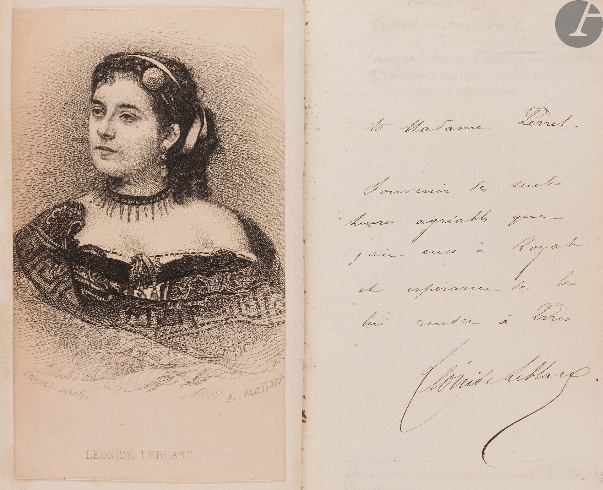 [POETRY].
Collection of various poems.
In French, manuscript on paper.
France, circa 1815-1830.

6 ff. non ch. + 188 pp. followed by [6] ff. of paper endpapers, brown ink on paper, with two lithographed portraits pasted on the front and back of the 4th endpaper (portrait of Fontanès and portrait of Léonide Leblanc)

.

Bound in full Russian cherry leather, smooth spine partitioned and decorated with flowers, double gilt frame on the boards, roulette on the edges, blue paper counter-guards and end-papers, gilt edges (dull corners, some spotting, some stains on the parchment). 
Dimensions : 155 x 105 mmMany of
the poems included in this collection are attributable to Louis de Fontanes (1757-1821)
.
Born in Niort and raised by the Oratorians of his native town, Louis de Fontanes was passionate about literature. A worldly poet, he was exiled during the Terror. He was a Grand Master of the University and a friend of Chateaubriand. His poems were published in various newspapers and magazines, the "Journal des Dames" and the "Almanach des Muses". There are also poems by Sylvain-Maréchal, Brillat-Savarin and others.

Among the poems, we can mention several texts related to Napoleon I, for example "Translation of a Hebrew ode in honor of Bonaparte" or "In praise of General Bonaparte for having respected the homeland of Virgil".

Copy of Léonide Leblanc (1842-1894) with a handwritten ex-dono on the front of the 5th endpaper: " To Madame Perret. Souvenir of the only pleasant hours I had in Royat [Puy-de-Dôme] and hope to give them back to her in Paris". [signed] "Léonide Leblanc". Léonide Leblanc, an actress, was nicknamed "Mademoiselle Maximum" and was considered to be a semi-mondaine, maintaining numerous relationships with various men of high society. The reports issued by the Prefecture of Police of Paris qualified her as "dowager, morphinomaniac and lesbian". - A label on the back of the first endpaper suggests that the manuscript may have been owned by L. de Fontanès.











