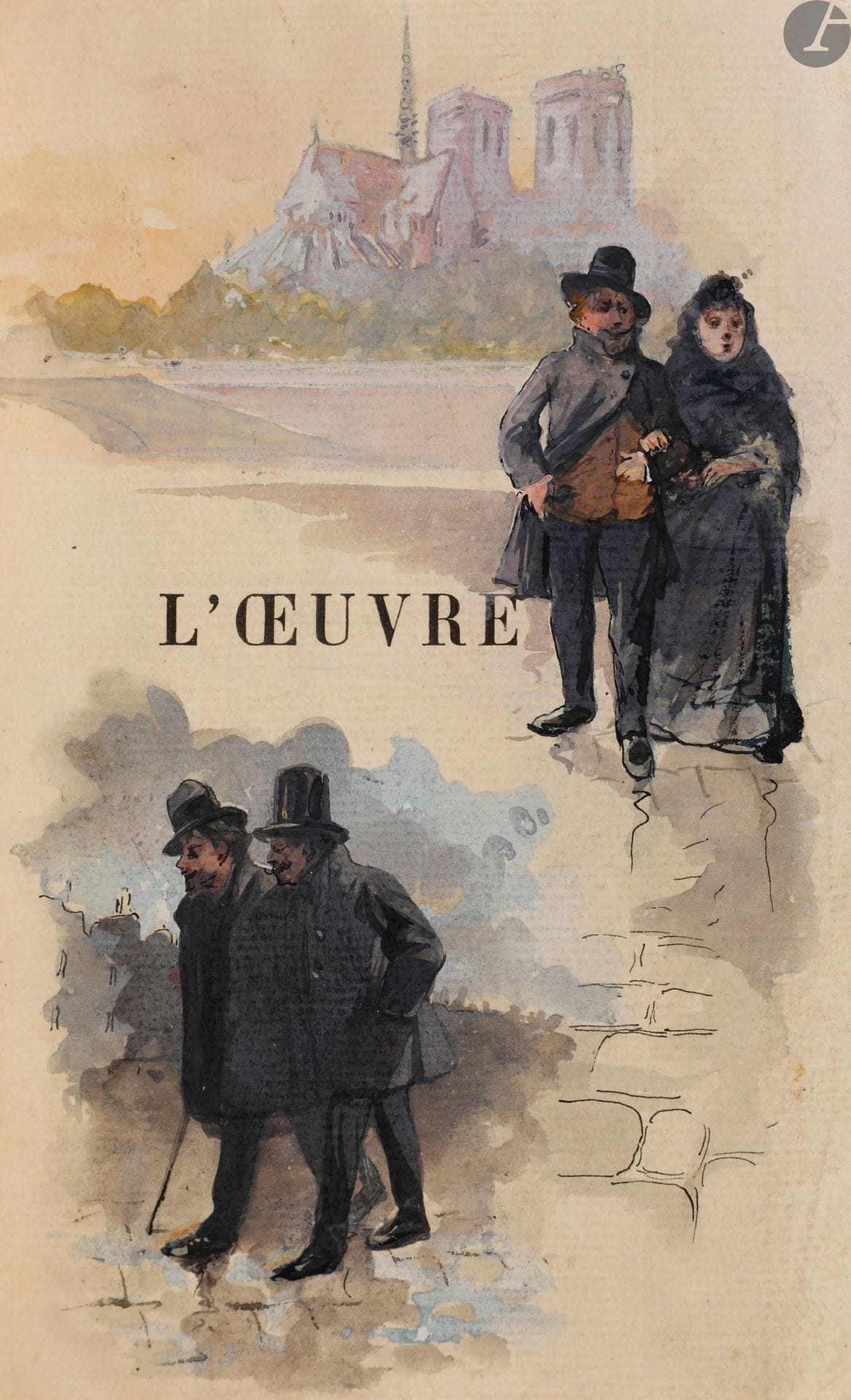 ZOLA (Émile).
L’Œuvre.
Paris : G. Charpentier et Cie, 1886. — In-18, 184 x 143 : (2 ff.), 491 pp. Maroquin brun foncé, encadrement de compositions florales à froid, dorées et mosaïquées de maroquin havane et ocre, dos à nerfs orné au centre d’une composition florale dans les mêmes tons, doublures de maroquin havane entouré d’un large cadre de maroquin brun foncé, ornés de filets dorés, gardes de soie brochée à motifs de fleurs roses, doubles gardes, tête dorée, non rogné, étui (René Kieffer).
Première édition en librairie du quatorzième roman de la série des Rougon-Macquart.
Un des 175 exemplaires numérotés sur papier de Hollande, second papier après 10 japon.
EXEMPLAIRE UNIQUE, ENRICHI DE 92 TRÈS BELLES AQUARELLES ORIGINALES DU PEINTRE LOUIS TENAILLE (1851-1899).
Ces aquarelles ont été réalisées sur le faux titre, le titre et dans les marges. Elles sont pour la plupart signées des initiales de l’artiste, quelques-unes de son nom complet.
Très bel exemplaire en reliure doublée de René Kieffer.
Dos passé.