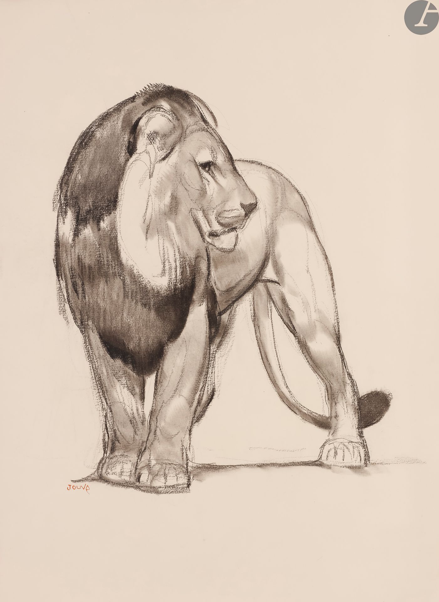*JOUVE (Paul) - DEMAISON (André).
The Book of the beasts which one calls wild.
Paris, Lausanne : les frères Gonin, 1934. - In-folio, 449 x 325 : (3 ff. 2 first blank, 122 pp., (2 ff.), illustrated cover. In leaves, publisher's folder and slipcase.
Very rare new edition, printed at only 50 copies on Rives wove paper, of this novel by André Demaison first published in 1929. The text has been entirely revised and corrected by the author.
This edition is particularly sought after because of the illustrations by Paul JOUVE (1878-1973), comprising 44 woodcut and stone-engraved compositions by the artist in collaboration with Gaston Prost, including one on the cover, 5 lettering and 37 full-page illustrations. Each copy bears the autograph signature of the author and the artist at the justification.
NAME OF THE COPY, SPECIALLY PRINTED FOR PAUL JOUVE, enriched with a very beautiful original drawing in charcoal and pencil, representing a lion and signed in red by the artist. It was realized on a folio (450 x 328 mm) of wove paper of Holland.
A very well preserved copy despite some soiling to the folder and the case.





