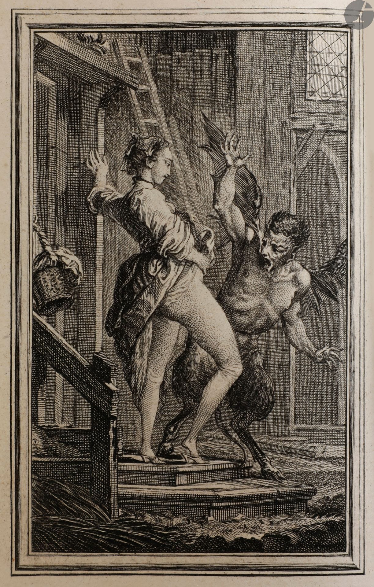 LA FONTAINE (Jean de).
Contes et nouvelles en vers.
Paris : imprimerie de P. Didot l’aîné, An III (1795). — 2 volumes in-12, 167 x 98 : viij, 256 pp., 1 portrait, 40 planches ; 298 pp., (1 f. blanc), portrait, 44 planches. Parchemin rigide, roulette dorée en encadrement sur les plats, dos lisse orné, roulette dorée intérieure, doublures et gardes de soie bleue et argent, tranches dorées (reliure de l’époque).
Belle édition imprimée sur papier vélin, illustrée d’un portrait de La Fontaine en médaillon gravé par Duprel d’après Rigaud.
Exemplaire enrichi des 2 portraits gravés par Étienne Ficquet, l’un de La Fontaine d’après Hyacinthe Rigaud et l’autre de Charles Eisen d’après Vispré, et de 82 planches d’après Eisen en premier tirage, issus de l’édition des Fermiers généraux. Les deux gravures Le Cas de conscience et Le Diable de Papefiguière sont en deux états, couvert et découvert.
Bel exemplaire en reliure de l’époque.
Quelques rousseurs éparses. Déchirure restaurée à la gravure face à la page 183 dans le second volume.