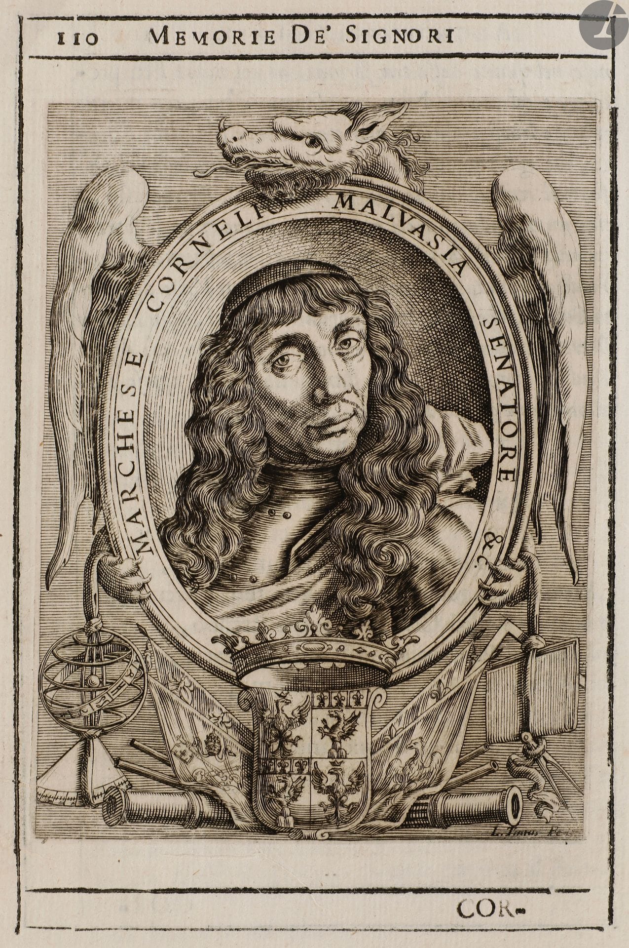 [ACADÉMIE DES GELATI].
Memorie imprese, e ritratti de’ signori accademici Gelati di Bologna Raccolte nel Principato del Signor conte Valerio Zani il ritardato.
Bologne : Manolessi, 1672. — In-4, 208 x 151: (12 ff.), 418 pp. mal chiffrées 406, (1 f.). Parchemin souple, dos lisse, tranches mouchetées (reliure de l’époque).
Édition originale de ce rare ouvrage consacré à l’Académie des Gelati de Bologne, académie littéraire fondée en 1588 par le médecin, philosophe et poète Melchiorre Zoppio (1554-1634), qui resta active jusqu’à la fin du XVIIIe siècle.
Publié par le poète et historien Valerio Zani (…-1696), l’ouvrage débute par une épître au cardinal et orientaliste Francesco Barberini (1597-1679), membre honoraire et protecteur de l’Académie à l’époque, signée du savant italien Giovanno Battista Capponi (1620-1675) et datée du 29 décembre 1671. Suivent la table et 101 courtes biographies des membres de cette société savante.
L’édition propose une abondante et belle illustration, comprenant un titre-frontispice gravé par le liégeois Hubert van Otteren, une illustration à pleine page représentant l’emblème de l’Académie (forêt d’arbres couverts de givre), gravée par Lorenzo Tinti (16..-1672) d’après un dessin du peintre Agostino Carracci (1557-1602) et un bandeau à l’effigie de ce même emblème. Les 101 biographies sont chacune accompagnées d’une gravure. Trente-et-une comportent un portrait et 70 l’emblème de la personnalité en question. Parmi les portraits figurent ceux du pape Urbain VIII (1568-1644), du poète Andrea Barbazza (1581?-1656), du médecin et homme de lettres Andrea Mariani (1593-1661), de l’astronome et poète Cornelio Malvasia (1602-1664), du poète et auteur dramatique Giovanni Capponi (1586-1629), du poète Girolamo Preti (1582-1626), de l’historien et moraliste Virgilio Malvezzi (1595-1654), etc. Les emblèmes ne sont pas signés et les portraits ont pour l’essentiel été gravés par Lorenzo Tinti et Hubert van Otteren.
Bon exemplaire en reliure de l’époque, très bien conservé malgré le dos bruni. Bords des deux premiers feuillets légèrement salis, taches aux feuillets +++3 et +++4, sans gravité.