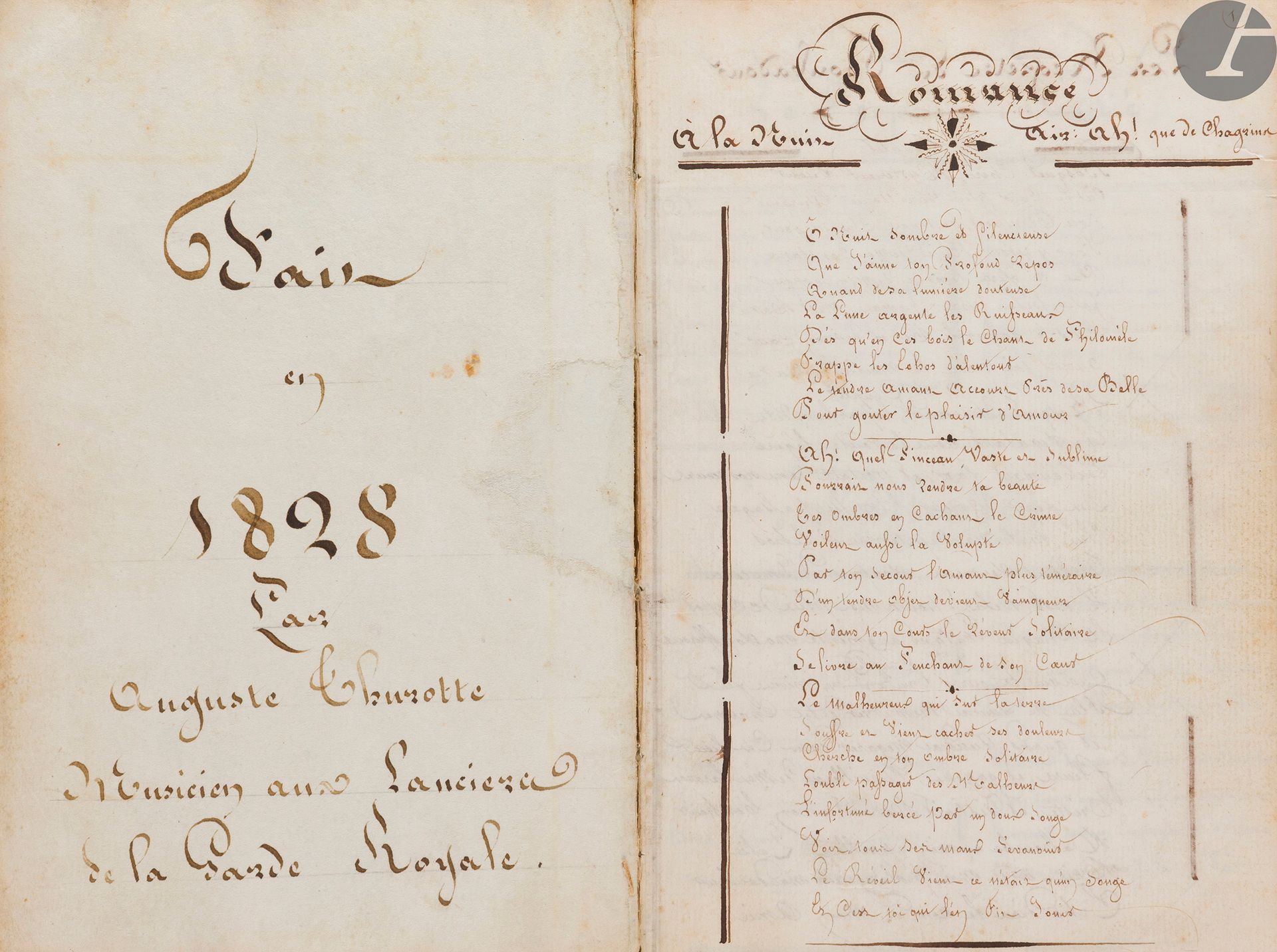 [MUSIC]. [THUROTTE (Auguste)].
Collection of gallant poems " made in 1828 by Auguste Thurotte musician to the Lancers of the Royal Guard ".
In French, manuscript on paper.
France, compilation dated 1828.
184 pp. (first part) + 166 pp. (second part), followed by [8] pp. of tables, elegant cursive handwriting, titles sometimes calligraphed and decorated with flourishes. Bound in full green Russian leather, smooth spine decorated, framed on the boards with gilt fillets and a frieze of floral and vegetal motifs, guilloche edges, blue paper counterguards and endpapers, gilt edges. 
Dimensions : 177 x 120 mm





