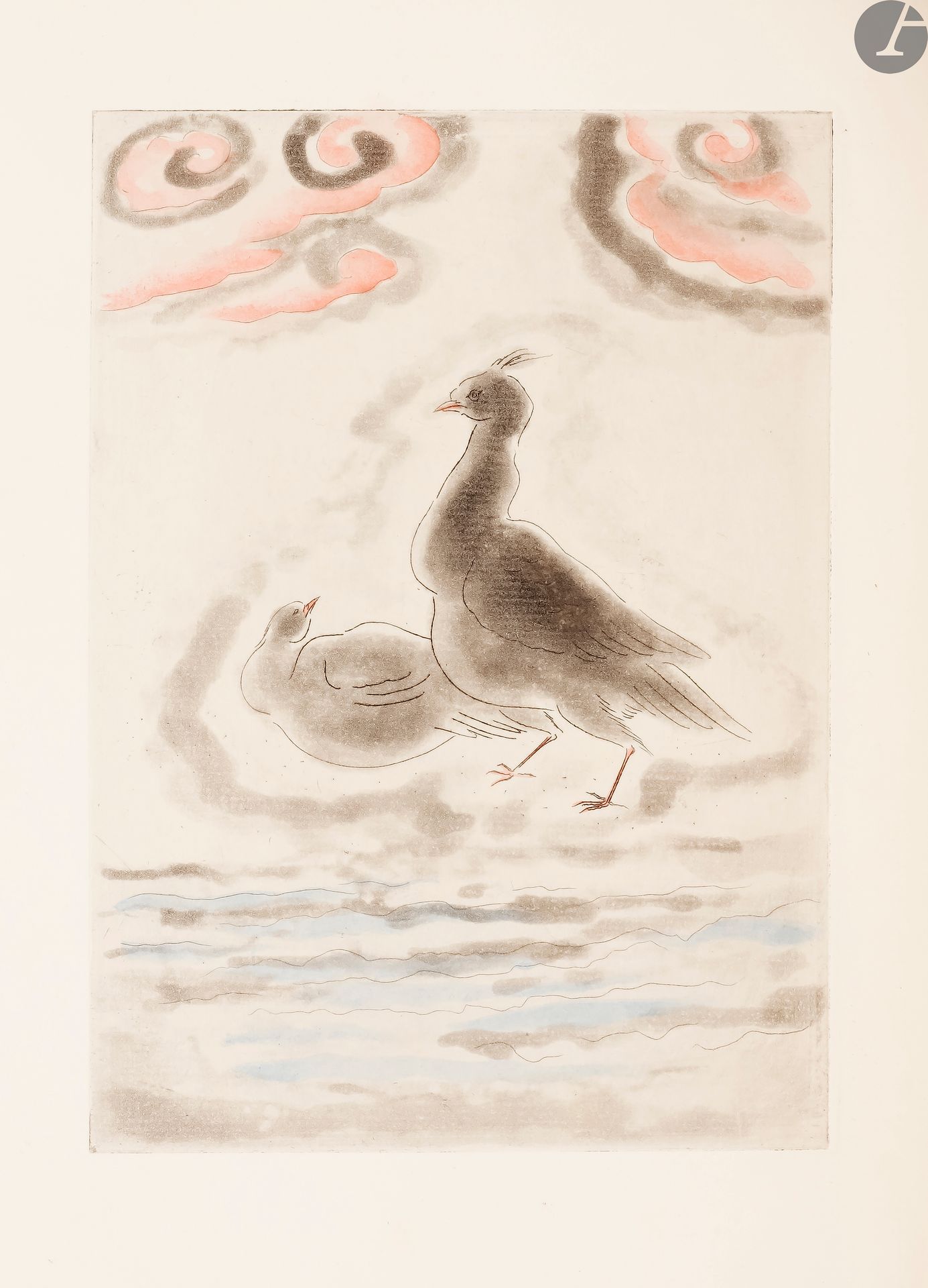 FOUJITA (Léonard) – CLAUDEL (Paul).
L’Oiseau Noir Dans le Soleil Levant.
Paris : Excelsior, 1927. — In-8, 246 x 197 : frontispice, (4 ff. premier blanc), 145 pp., (3 ff. dernier blanc), 11 planches, couverture illustrée. Demi-maroquin noir à larges bandes, large bande verticale de papier japonisant peint au centre des plats, pastille de maroquin rouge bordée de 5 rayons dorés de différentes longueurs et oiseau doré sur le premier plat, dos lisse orné d’une pastille de maroquin rouge, non rogné, couverture et dos conservés, étui (L. Strid).
Édition originale de ce recueil composé par Claudel à l’occasion de son second séjour en Extrême-Orient de 1921 à 1927. L’auteur le considérait comme un complément à Connaissance de l’Est.
L’ouvrage est illustré en premier tirage de 23 compositions de Léonard FOUJITA (1886-1968), dont une orange et noir sur la couverture, 10 dessins en noir dans le texte et 12 eaux-fortes originales en couleurs hors texte. Il comprend également le dernier chapitre présenté sous la forme d’un grand tableau dépliant.
Tirage à 545 exemplaires, celui-ci étant l’un des 425 sur vergé d’Arches, très bien relié par le relieur suédois Lars Strid. Il provient de la bibliothèque de la princesse Jean Callimachi.
Provenance : princesse Callimachi, avec ex-libris.
