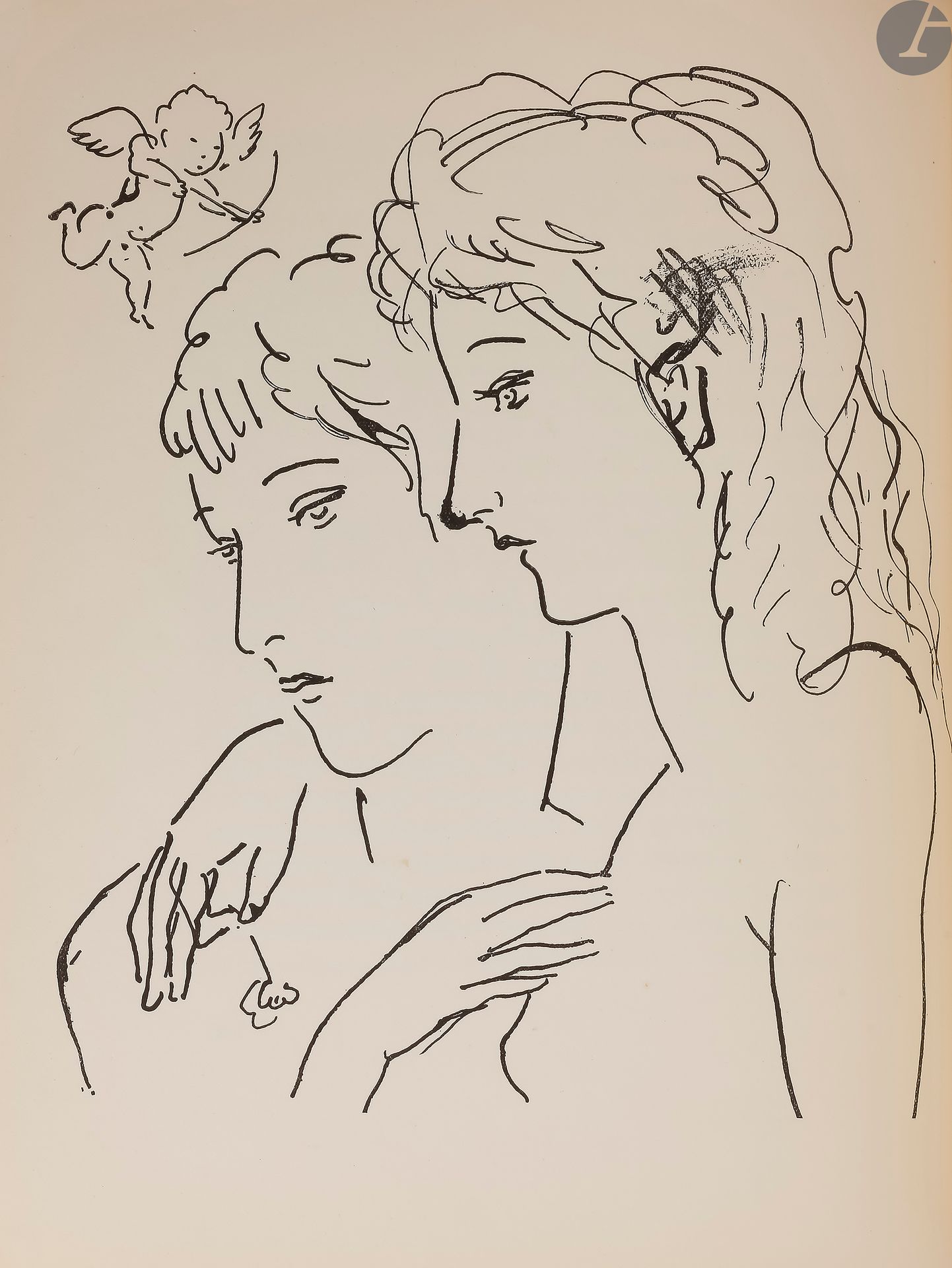 FOUJITA (Léonard) – MORAND (Paul).
Foujita, avec des souvenirs d’enfance de l’artiste et un commentaire par Ch.-Ale. Cingria.
Paris : Chroniques du jour, 1928. — In-4, 280 x 225 : XXVII pp., (5 ff. 2 derniers blancs), 30 planches, couverture imprimée. Demi-maroquin grenat, reproduction d’une œuvre de l’artiste collée sur le premier plat, dos lisse, couverture conservée, étui (L. Strid).
Édition originale de cet intéressant ouvrage consacré au peintre FOUJITA, formant le 6e titre de la collection « Les Maîtres nouveaux ». Elle est illustrée de 35 reproductions en noir d’œuvres de l’artiste, dont 5 à pleine page et 30 hors texte.
Tirage à 660 exemplaires, celui-ci faisant partie des 600 numérotés sur papier vélin.
Bel exemplaire relié par le relieur suédois Lars Strid. Il porte la signature autographe de Knut Stubbendorff suivie de la date de 1928, désignant certainement le journaliste et traducteur suédois Knut Bertil Stubbendorff (1893-1965).
EXEMPLAIRE ENRICHI DANS UN VOLUME À PART, DE 8 PHOTOGRAPHIES ORIGINALES.
Trois d’entre elles représentent Foujita et Youki, deux les montrant dans l’atelier de l’artiste, en train de se divertir, et la troisième dans leur salon. Cette dernière porte au verso le cachet du photographe Albert Harlingue (1879-1963). Deux autres photographies représentent le peintre seul (coupées irrégulièrement sur les bords), et 3 sont des photographies de peintures de l’artiste dont 2 portent au verso le cachet « Photo “Sonia” 3, Place Malesherbes Paris 17e ». À ces photographies sont ajoutées une carte de visite illustrée par Foujita, annonçant le changement d’adresse de l’artiste et de Youki au 3 square Montsouris, et une carte du bar dancing « La Cigogne », illustrée d’une composition en couleurs d’Oscar Fabrès, représentant plusieurs personnages dont Foujita sur la gauche. Cet ensemble a été placé dans une reliure in-4 à dos de toile verte à la bradel, non signée mais réalisée par Lars Strid.