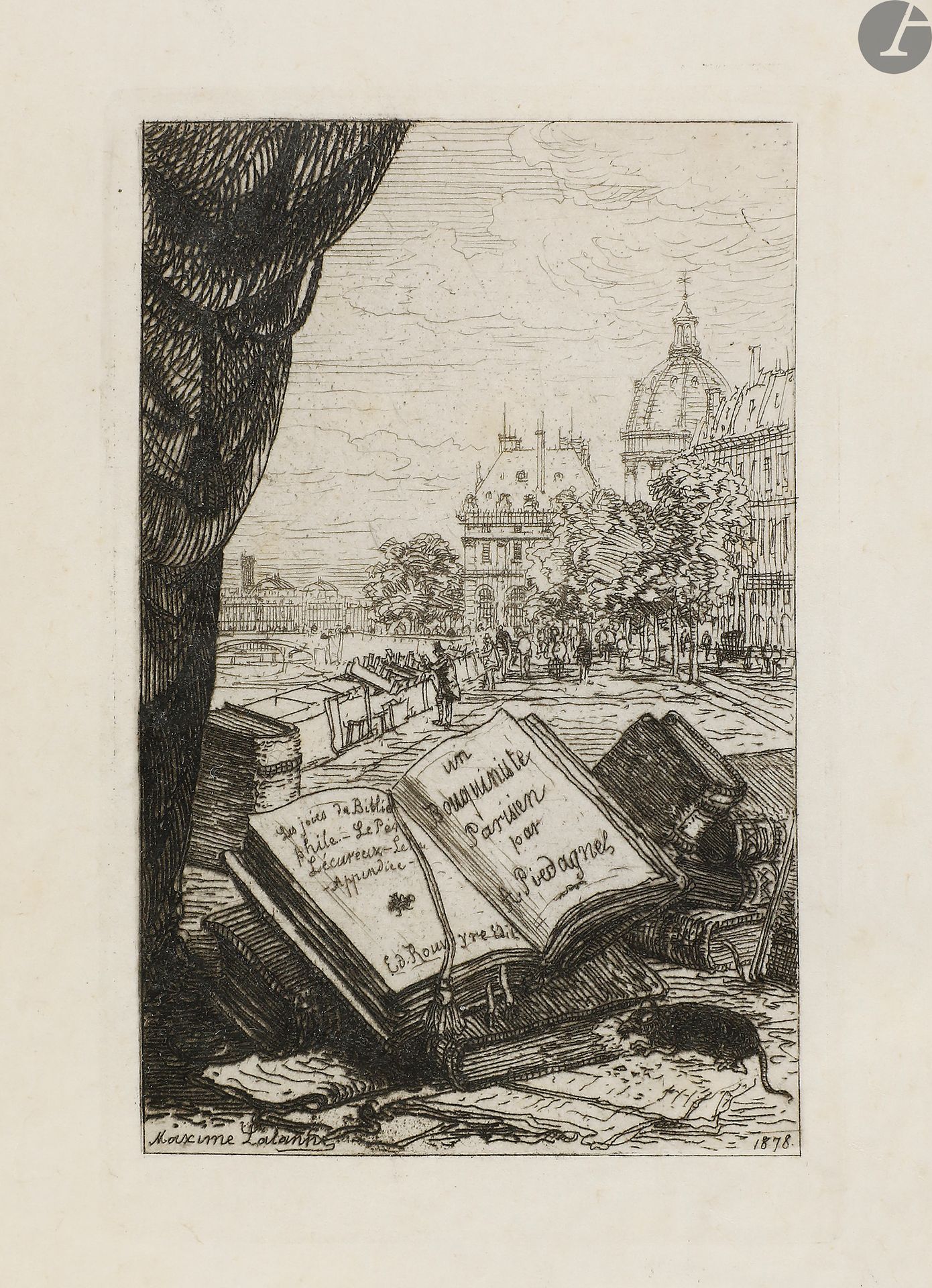 PIEDAGNEL (Alexandre).
Un bouquiniste parisien. Le Père Lécureux.
Paris : Librairie ancienne et moderne Édouard Rouveyre, 1878. — In-8, 203 x 136 : frontispice, 68 pp., (2 ff. dernier blanc). Bradel demi-maroquin brun foncé à coins, dos lisse, non rogné (E. Carayon).
Édition originale tirée à 510 exemplaires, illustrée d’un frontispice dessiné et gravé à l’eau-forte par Maxime Lalanne.
Alexandre Piedagnel était le secrétaire de Jules Janin. Il propose dans ce court ouvrage, un hommage au père Lécureux (1795-1875), bouquiniste parisien qui avait la particularité de vendre essentiellement des livres dépareillés. Ce pauvre homme fut durant plus d’un demi-siècle « l’humble providence des bibliophiles et des bibliomanes », et mourut presque dans l’indifférence. C’est pour réparer cet oubli qu’il composa cette courte biographie mêlée de souvenirs.
Le récit de Piedagnel est précédé de la réimpression d’un texte de l’auteur sur Jules Janin, et suivi d’un poème de Fertiault ainsi que de la réimpression d’une lettre de l’abbé Mercier de Saint-Léger portant sur un projet d’établissement de livres dépareillés. Le volume se termine enfin par la liste des ouvrages de Piedagnel et de ceux en cours de publication à la librairie Rouveyre.
UN DES 4 PREMIERS EXEMPLAIRES SUR PARCHEMIN, celui-ci portant le numéro 1.
Bon exemplaire relié par Carayon.
Dos et haut des plats légèrement passés, quelques frottements d’usage. Le frontispice est dérelié.
