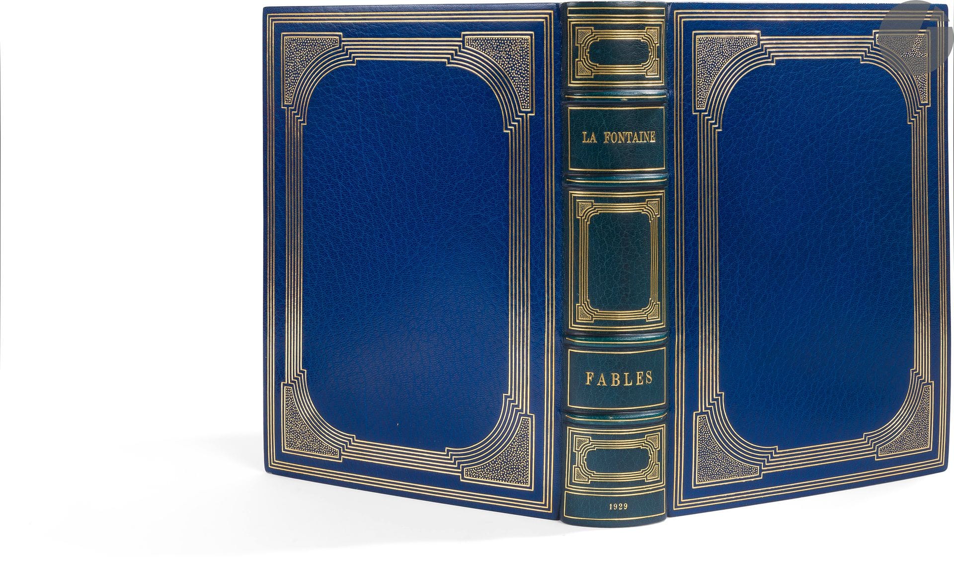 *POLAT (Tigrane) – LA FONTAINE (Jean de).
Fables. Préface de M. Louis Barthou.
Paris : Aux dépens d’un amateur, 1929. — In-8, 279 x 197 : (3 ff. blancs), XIII pp., (1 f. de dédicace), 370 pp., (5 ff. 3 derniers blancs), couverture illustrée. Maroquin bleu, filets dorés droits et courbes en encadrement et compartiment à fond criblé aux angles sur les plats, dos à nerfs orné dans le même esprit, doublures de maroquin gris orné de filets dorés en encadrement, gardes de soie moirée bleu foncé, doubles gardes, tranches dorées sur témoins, couverture et dos conservés, étui (Semet et Plumelle). 
Édition rare, tirée à seulement 196 exemplaires, établie par les soins de Henri Vever et illustrée de 70 eaux-fortes originales de Tigrane POLAT (1874-1950), dont une vignette de titre, répétée sur la couverture, un feuillet de dédicace gravé hors texte, 46 vignettes en tête de 46 fables, et 22 hors-textes. 
Précieux exemplaire, faisant partie des 25 sur japon, celui-ci spécialement imprimé pour Juan Hernandez. Il est l’un des rares à contenir de nombreuses épreuves d’états divers, tirées à petit nombre.
Il est également enrichi de 6 dessins originaux signés de Polat, à l’encre et à l’aquarelle, ainsi qu’à la mine de plomb, d’une des 30 suite des eaux-fortes en état définitif en sanguine sur japon, et d’une des 10 suites des eaux-fortes en épreuves d’état sur papier vélin.
Toutes les suites et épreuves, représentant des centaines de planches, ainsi que 2 des 6 dessins, ont été réunis dans deux volumes supplémentaires en demi-maroquin bleu à coins de Semet et Plumelle, portant aux dos le même décor que celui du volume de texte. Trois coupures de journaux sur Polat ont été ajoutées dans le volume de texte.
Dos légèrement passés.