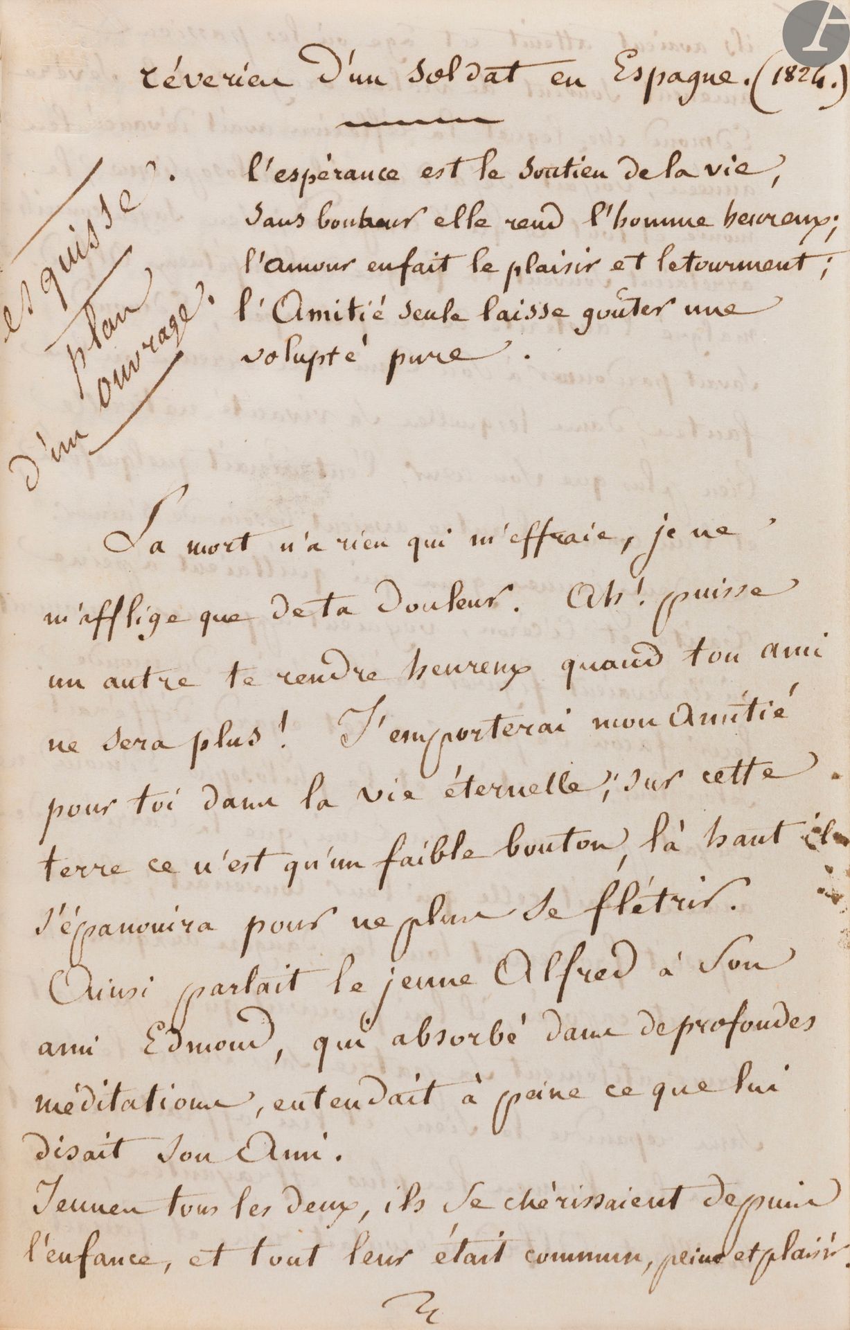 [MILITARIA]. [ESPAGNE]. [CADIX].
Rêverie d’un soldat en Espagne. A ma sœur Caroline.
En français, manuscrit sur papier.
Espagne, Cadix, 1824-1826.

[1] f. + 178 pp. + [1] f., écriture cursive à l’encre, carte dépliante figurant le plan de la « Baye de Cadix » tracée à l’encre et datée 20 janvier 1824. Reliure romantique de maroquin bleu-nuit, ornements en écoinçons dorés aux quatre coins des plats, filet gras doré en encadrement sur les plats, dos lisse orné d’un décor orné, roulette intérieure, tranches dorées. Étui cartonné au même motif ornemental que la reliure (étui accidenté ; quelques frottements à la reliure).
Dimensions : 175 x 115 mm
L’auteur de ce manuscrit s’adresse à sa sœur Caroline sous forme épistolaire et se propose de lui raconter sa vie en garnison à Cadix où il séjourne depuis 1824 jusqu’en 1826. Il lui fait part de son étude sur le pays, les habitants, les mœurs. Il témoigne toute son affection et attachement à sa sœur. L’expédition en Espagne en avril 1823 avait été menée par la France en vue de rétablir le roi Ferdinand VII d’Espagne sur le trône. L’ouvrage se présente finalement sous le titre « Rêverie d’un soldat en Espagne » où il est question d’amitié entre deux hommes Edmond et Alfred, sur fond de guerre d’Espagne, mêlant rêverie, fantasmagorie, illusion, dévergondage de l’imagination.