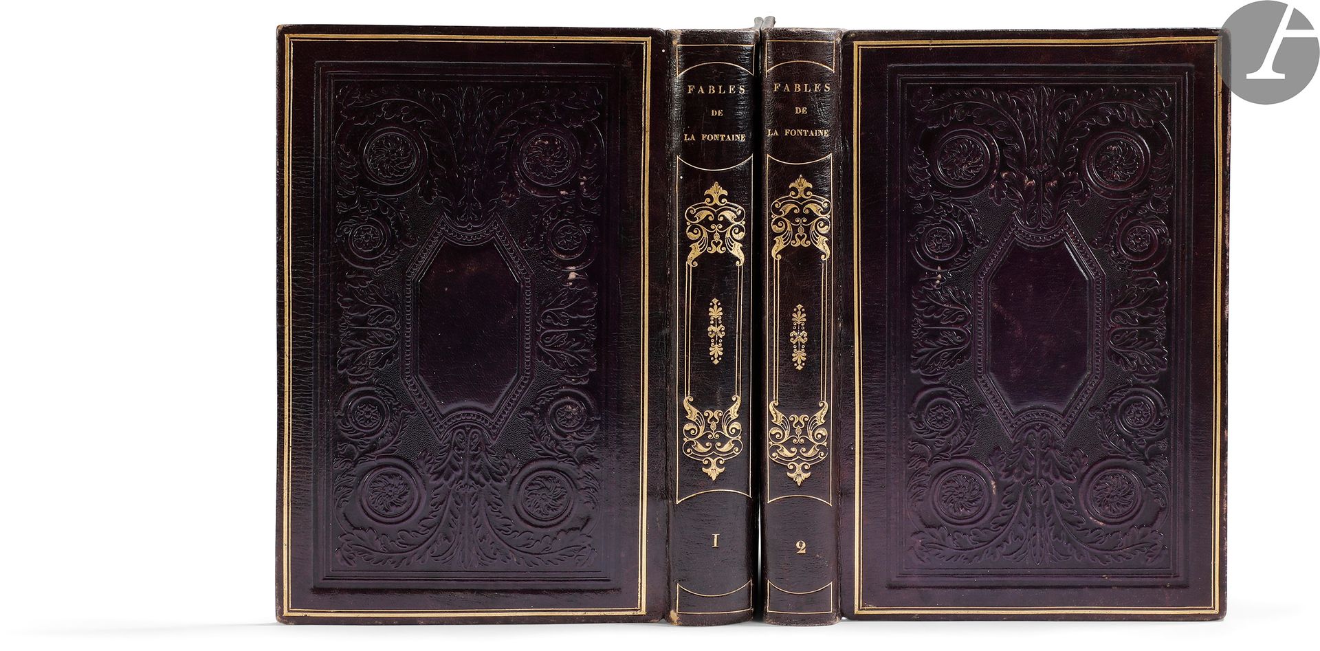 *LA FONTAINE (Jean de) – GRANDVILLE.
Fables.
Paris : H. Fournier aîné, Perrotin, 1838. — 2 volumes in-8, 217 x 141 : frontispice, (2 ff.), XXVIII, 292 pp., 72 planches ; (2 ff.), 312 pp., 48 planches. Maroquin aubergine, plaque restauration à froid et filet doré en encadrement sur les plats, dos lisse orné, roulette dorée intérieure, tranches dorées (reliure de l’époque).
Édition parmi les plus belles de l’époque romantique, illustrée de 14 faux titres compris dans la pagination, d’un frontispice sur chine et de 120 planches, le tout gravé sur bois d’après les dessins de Grandville. On relève également 16 têtes de chapitre, 13 lettrines et 2 culs-de-lampe.
Rare exemplaire en pleine reliure de l’époque ornée sur les plats d’une belle plaque restauration à froid, comprenant les planches en premier tirage, c’est-à-dire comportant les légendes en lettres blanches et se terminant par un point.
Quelques minimes frottements d’usage sans gravité. Rousseurs éparses.
