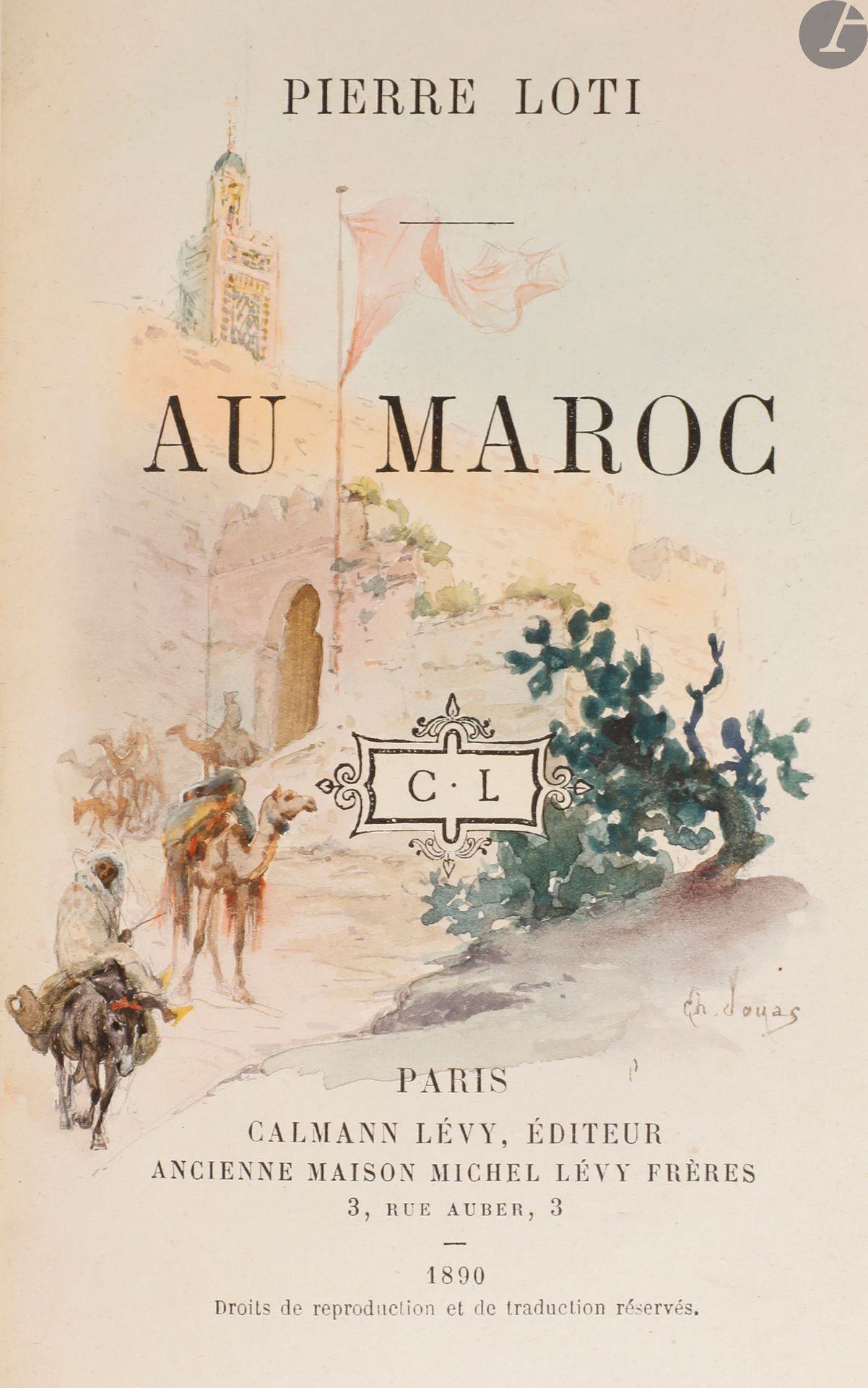 *LOTI (Pierre).
Au Maroc.
Paris : Calmann-Lévy, 1890. — In-18, 181 x 115 : (3 ff.), IV, 358 pp., couverture imprimée. Maroquin bleu paon janséniste, dos à nerfs, encadrement de même maroquin à l’intérieur, orné de filets et de fleurons dorés, doublures de parchemin blanc orné d’écritures arabes dorées, gardes de soie moirée bleue, la première décorée de 6 croissants et d’un motif central, peints en argent, doubles gardes, tête dorée, non rogné, couverture conservée, étui (Noulhac).
Première édition en librairie de ce récit de voyage au Maroc, d’Oran à Fès, alors que Pierre Loti accompagnait une mission diplomatique dans ce pays.
EXEMPLAIRE UNIQUE, ENRICHI DE 72 SUPERBES AQUARELLES ORIGINALES DE CHARLES JOUAS (1866-1942).
Ces compositions sont réparties sur le titre, en tête de chapitre et en cul-de-lampe. Elles sont d’une remarquable exécution et d’une grande finesse, rehaussées parfois de blanc. Charles Jouas réalisa en 1896 un cahier d’aquarelles qui étaient justement destinées à illustrer Au Maroc de Loti. Cet exemplaire fut très certainement réalisé à la même époque.
Très bel exemplaire relié par Noulhac, parfaitement conservé, provenant de la collection du pharmacien et bibliophile Ange François Mariani, dit Angelo Mariani (1838-1914), inventeur du vin Mariani à la coca du Pérou.
Légère insolation touchant les nerfs, sans gravité.
Provenance : Angelo Mariani, avec ex-libris.