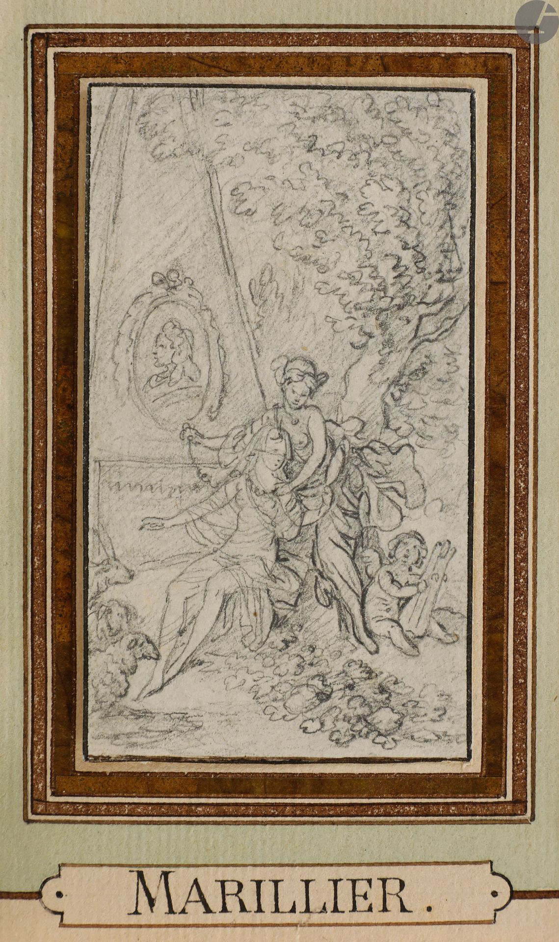 LA FONTAINE (Jean de).
Fables choisies, mises en vers, par M. de La Fontaine.
Londres, 1780. — 2 volumes in-24, 123 x 72 : frontispice, (2 ff.), 264 pp. ; (2 ff.), 285 pp., (1 f. blanc). Maroquin rouge, triple filet doré en encadrement sur les plats, dos lisse orné, roulette dorée intérieure, tranches dorées (reliure de l’époque).
Fontaine, Cazin l’éponyme galvaudé, p. 200.
Faux Cazin illustré d’un frontispice gravé par Delvaux d’après un dessin de Clément-Pierre Marillier.
Exemplaire en maroquin rouge de l’époque, ENRICHI DU DESSIN ORIGINAL DE MARILLIER, monté sur papier vergé au format du livre, encadré de filets dorés et à l’encre et surmontant un cartouche portant le nom de l’artiste calligraphié à la plume.
Trace sombre sur la reliure du second volume, deux petits trous de vers à une charnière, coins légèrement émoussés. Mouillure pages 25-26 du second volume.
Provenance : A. Magnier, avec signature datée 1857 sur les gardes.
