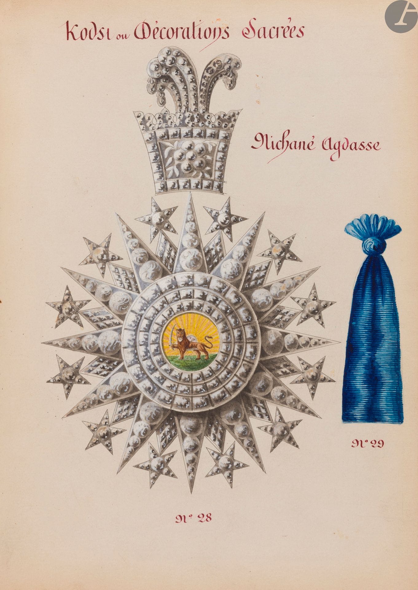 [JOAILLERIE]. [PERSE]. [ISMAËL II, joaillier du Shah de Perse].
Album de dessins des décorations et ordres du Royaume de Perse (Ordres du Lion et du Soleil).
En français, manuscrit sur papier avec dessins rehaussés à la gouache.
France, après 1836 (première moitié du XIXe siècle ?).
[1] f. + 26 pp. de dessins en couleurs peints à la gouache + 13 pp. de texte manuscrit calligraphié à l’encre noire et rouge + [18] ff. blancs, manuscrit sur papier. Reliure de demi-chagrin rouge, couvertures de percaline rouge, dos muet, étiquette de papetier (Papeterie Darras-Heumann, 15 rue d’Aboukir, Paris) (reliure frottée et fragilisée ; manque en tête et queue de dos). 
Dimensions : 220 x 158 mm
Recueil unique dessiné et rehaussé par le joaillier du Shah de Perse.
Sont figurés les différents modèles de médailles et décorations des Ordres du lion et du soleil ainsi que d’autres décorations militaires et civiles. Ismaël II, joaillier du Shah énonce clairement son propos : « Moi Ismael II, joaillier de S.M., j’ai écrit ce livre pour faire connaitre à chacun les conditions qu’il faut remplir pour être honoré des divers ordres du Lion et Soleil… »
Les décorations étaient attribuées par décret par le Shah de Perse sur proposition du Ministre chargé de l’examen des titres. Les individus à qui l’on conférait ces marques de distinction recevaient des médailles et décorations dont plusieurs sont représentées dans cet album. Les décorations figurées sont divisées en sept séries : décorations générales, militaires, civiles, pour les sciences, les arts industriels, les étrangers, et la dernière nommée « Décoration du Sublime Portrait » avec au centre le portrait de « Notre Seigneur Ali », enrichie de diamants : « S.M.I l’attache sur le côté gauche de la poitrine ». Les décorations militaires font figurer le lion debout avec son sabre tandis que les décorations civiles figurent le lion couché sans le sabre.
Les décorations relèvent de l’Ordre impérial du lion et du soleil qui fut créé en 1808 par Fath Ali Shah Qajar (1797-1834) pour honorer le Major-Général Malcom et répondre à son cadeau de « pomme de terre ». Comme Malcom refuse le premier « Ordre du Soleil », l’assimilant à la France, il se voit présenter un lion couchant et soleil avec les titres de Khan et Sepahdar en 1810, et reçoit les honneurs du chevalier en 1812. L’ordre, qui est composé de trois classes, est un prix d’honneur offert aux étrangers ayant rendu d’importants services à la Perse. Les Musulmans n’y ont pas accès. En 1836, Mohammed Shah Qajar (1808-1848) apporte des modifications aux décorations notamment au niveau des rubans pris en compte dans ce manuscrit : ceci permet d’avancer une date probable de circa 1836. Par la suite, de nombreuses modifications sont portées aux décorations et conditions d’attribution de l’Ordre qui devient obsolète en 1939, puis renait sous la dynastie Pallavi (1925-1979) sous le nom de l’Ordre du Homayoun. Ces Ordres sont abolis avec la Révolution iranienne en 1979.
