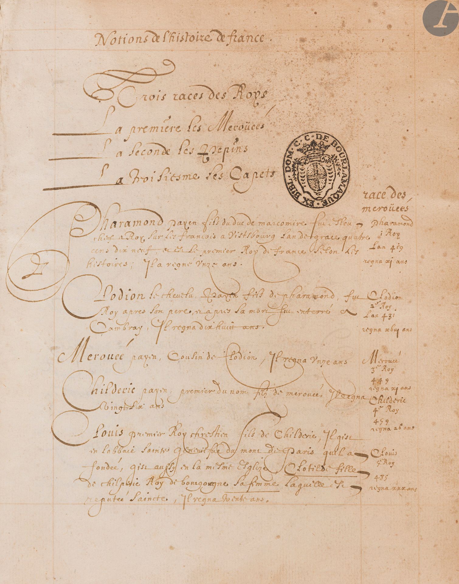 [HISTORY]. [FRANCE].
Notions of the history of France. Three races of kings.
In French, manuscript on paper.
France, mid-17th c. (?)

301 pp, cursive writing in brown ink, ruled manuscript

.

Bound in red morocco, decorated in the Duseuil style on the boards with fleur-de-lys at the outer corners of the central frame, spine with 6 nerves partitioned and decorated with flowers, gilt edges (scratches, dull cuffs). 
Dimensions : 225 x 175 mmThe
last reign mentioned is that of Louis XIII, with the last quoted dates of 1636.
Provenance : From the library of Dom C.C. Bourlamaque, with armorial bookplate (wet stamp) on the first and last leaf

.

It is Claude-Charles Bourlamaque (died in 1770). Several manuscripts belonging to him are kept in the Bibliothèque de l'Arsenal (MS 3013 ; MS 4220 ; MS 4613 ; MS 5037). Lord of Le Vivier and Courtevron, Dom Bourlamaque was also Captain of the Regiment of Saluzy, art collector and bibliophile. The books that belonged to him bear a stamp on the title with his arms (gold, with a cross of azure). The catalog of his library was published at his death, in 1770, Catalogue des livres de la Bibliothèque de feu M. de Bourlamaque by Prault fils.







