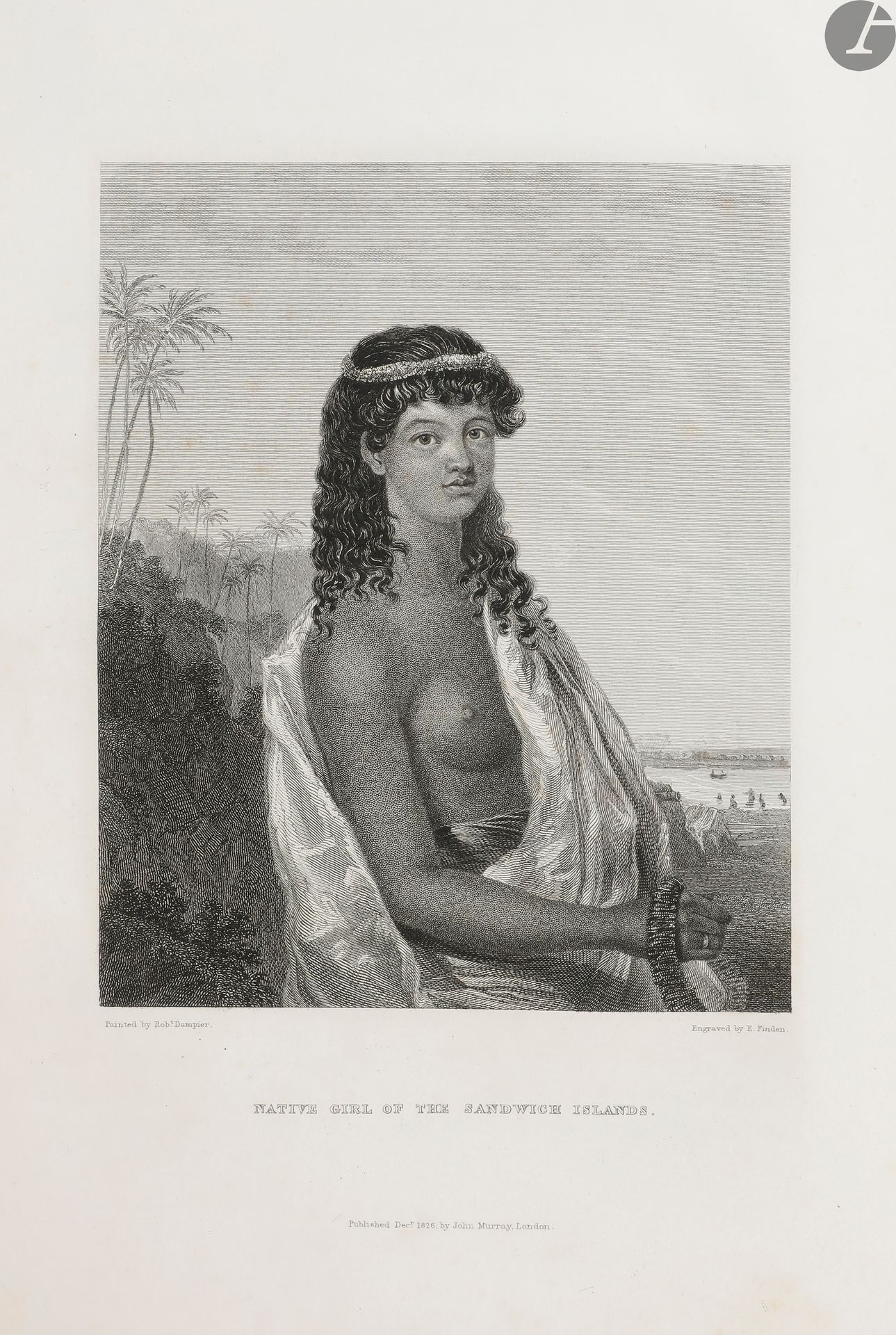 *BYRON (George Anson) – GRAHAM (Maria).
Voyage of H. M. S. Blonde to the Sandwich islands, in the years 1824-1825.
Londres : John Murray, 1826. — In-4, 272 x 209 : frontispice, x pp., (1 f.), 260 pp., 2 cartes, 12 planches. Demi-veau bordeaux à coins, filets dorés, dos à faux nerfs orné, tranches marbrées (reliure de l’époque).
Édition originale de ce récit du voyage entrepris entre 1824 et 1825 par le capitaine George Anson Byron (1789-1868), cousin du célèbre poète, à bord de la frégate H.M.S. Blonde, à destination des îles Sandwich. Il fut initialement réalisé pour ramener les corps du roi Kamehameha II et de la reine Kamāmalu, morts de la rougeole lors de leur visite d’État en Angleterre.
Participèrent à cette expédition plusieurs scientifiques dont le prêtre, botaniste et naturaliste Andrew Bloxam (1801-1878). C’est à partir des papiers officiels et des journaux conservés par ce dernier, que l’autrice Maria Graham, plus tard Lady Callcott (1785-1842), écrivit ce livre à la demande de son éditeur John Murray. Elle y relate la visite du couple royal hawaïen à Londres, donne un résumé de la découverte et des visites britanniques des îles hawaïennes, et fait le récit du voyage de la frégate Blonde.
L’édition est illustrée de deux cartes dont une dépliante, et de 13 planches dont 3 représentant des portraits d’habitants d’Hawaï gravés sur cuivre et 9 des paysages à l’aquatinte dont le frontispice dépliant.
Travaux de vers aux charnières et sur les plats, quelques accrocs et épidermures, mouillures sur les gardes. Rousseurs.
Provenance : Charles Scrase Dickins, avec ex-libris.