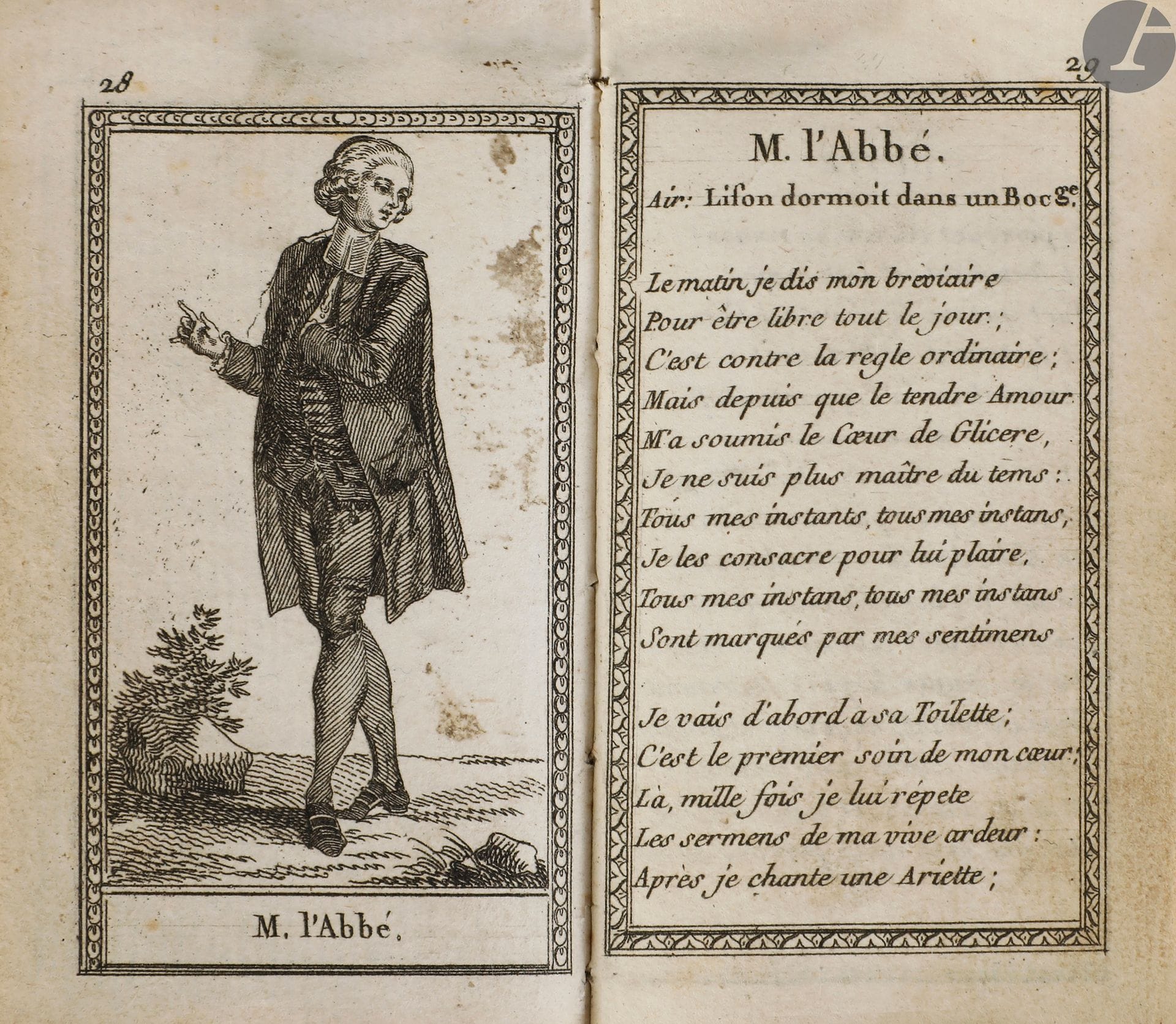 [ALMANACH].
Almanach nouveau & galant appartenant à Marie-Joséphine Vincent. Étrenne à ma Maîtresse.
[Paris : Boulanger, 1782]. — In-24, 93 x 57. Maroquin rouge, plats ornés au centre d’un trophée d’instruments de musique entourés de fleurs et de feuillage, surmonté d’une corbeille de fleurs, dans un joli cadre doré orné de guirlandes de feuilles, dos lisse orné, tranches dorées (reliure de l’époque).
Très rare almanach de mode publié par le marchand et doreur sur cuir et sur soie Boulanger.
Non répertorié par Grand-Carteret, il s’agit d’un almanach composé spécialement pour une personne, en l’occurrence ici une certaine Marie-Joséphine Vincent, à partir de feuillets extraits de l’Almanach galant des costumes français publié en 1782 par Boulanger. La pagination n’est pas suivie. Il débute par un feuillet spécialement imprimé pour l’exemplaire : « Almanach nouveau & galant appartenant à Marie-Joséphine Vincent. Étrenne à ma Maîtresse. En attendant un don plus beau, Je vous donne un Almanach nouveau ; Il pourra quelquefois vous être nécessaire ; Mais en le consultant, souvenez-vous toujours, Qu’il n’est point de mois ni de jours, Où je ne songe à vous & n’aspire qu’à vous plaire ».
On trouve à la suite 16 figures de mode accompagnées de chansons, le tout entièrement gravé. Ces planches ont pour légende : Dame de Cour en grand Etiquet – Dame en Pelisse, Chapeau en Soleil – Dame en Levite, Fourreau à l’angloise – Dame en Robe à l’angloise – M. l’Abbé – Le Bourgeois Marchand – L’Officier en Redingote verte, Galonnée en Or – L’Homme de Robe en Habit de Velours ciselé – Le Petit-Maître en Gillet blanc, Culotte de Nanquin – Le Financier en Habit de Velours Brodé en Or – Demoiselle habillée galament, Coiffée en Pouf – Demoiselle en Polonoise en Pouf – Dame en deshabillé, Coiffe à la paysane – Dame en Lévite coiffée en Pouf galant – Dame en Robe de Satin coiffée à la Paysanne – Paysanne des Environs de Paris en Habit des Dimanches.
L’Almanach galant tel qu’il fut publié, comprenait deux autres planches légendées : Dame en Camisole de nuit qui se baigne et Dame mettant sa jarretière. Elles ne semblent pas avoir été choisies dans la composition de cet exemplaire car elles présentaient semble-t-il des femmes un peu trop dénudées pour l’époque.
On trouve sur le dernier feuillet la publicité gravée de Boulanger.
Très bel exemplaire en maroquin décoré de l’époque, très bien conservé.
Quelques salissures aux feuillets, restaurations aux deux derniers feuillets avec atteintes au texte.
