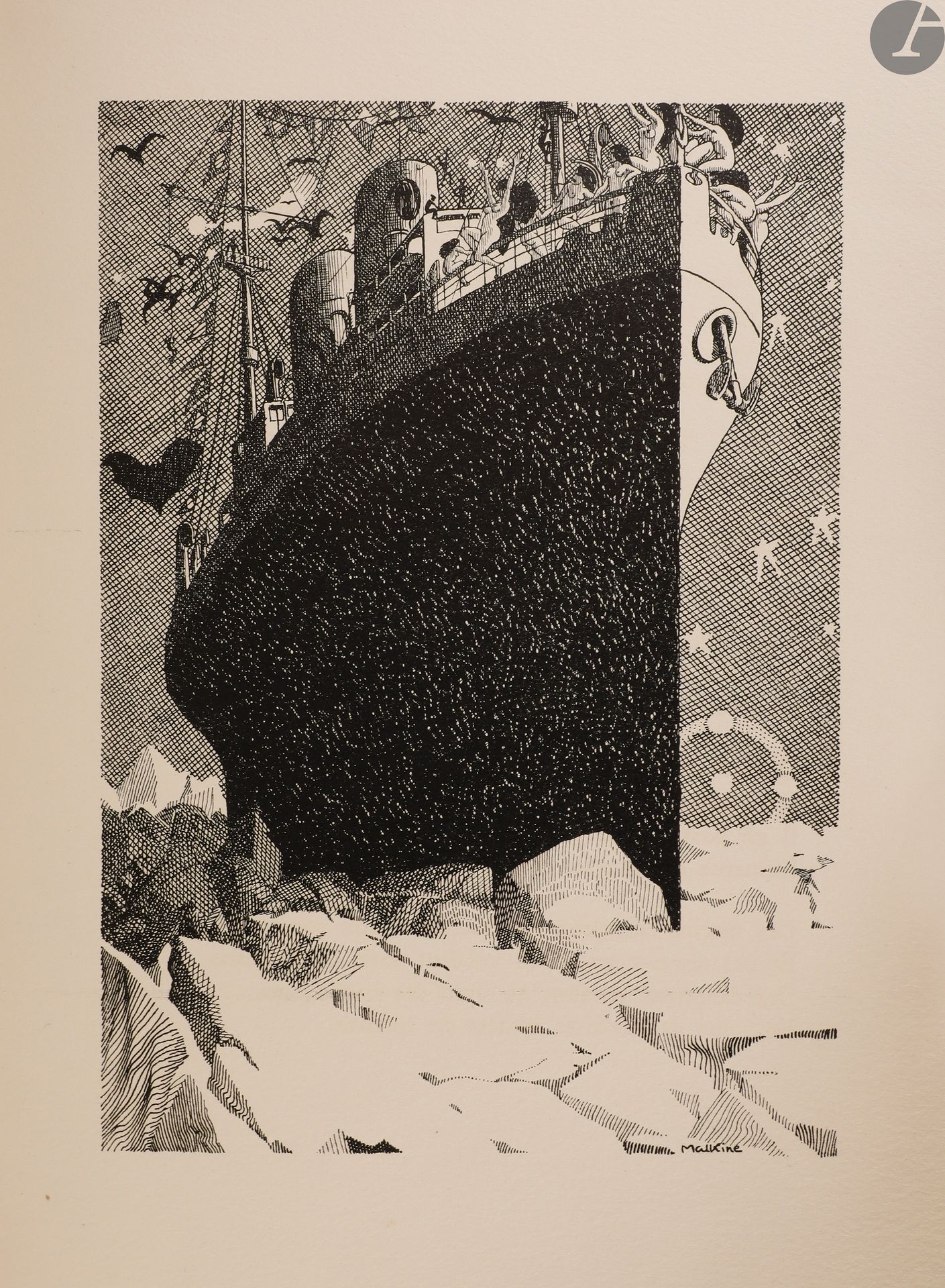 DESNOS (Robert).
The Night of loveless nights.
Anvers, 1930. — In-folio, 330 x 254 : 36 pp., (2 ff. dernier blanc), couverture imprimée. Broché, couverture rempliée.
Édition originale illustrée de 3 compositions en noir à pleine page du peintre Georges MALKINE (1898-1970).
Un des 100 exemplaires sur papier d’Arches, celui-ci enrichi de ce court envoi autographe signé de l’auteur adressé à André Malraux :à André Malraux // très amicalement // Robert Desnos
Exemplaire très bien conservé malgré des restaurations au dos de la couverture.