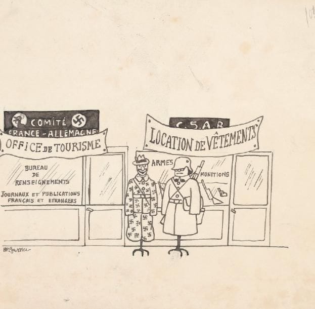 CARICATURES Henri-Paul GASSIER (1883-1951), LAFON, LAFORGUE ( ? ou LAFORCE)
Ensemble de dix caricatures sur la seconde guerre mondiale, à l'encre sur papier, quelquesunes (Gassier, Laforgue) violemment antihitlériennes, format divers. On joint deux caricatures de Gassier sans rapport avec la guerre. Les caricatures de Gassier et de Laforgue portent au dos le cachet du journal «La Lumière» (quelques rousseurs et taches). (*)