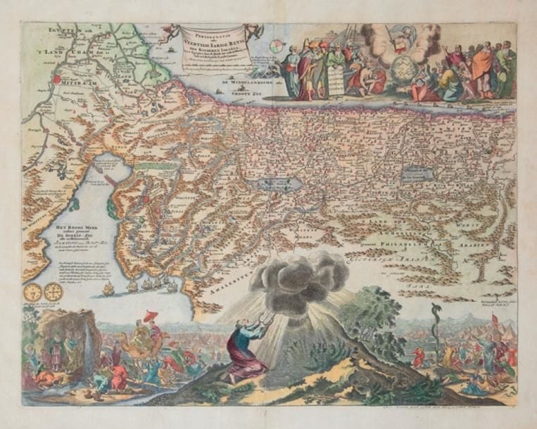 Carte géographique anonyme Peregrinatie ofte veetigh-iarige Reyse der kinderen Israels (carte des pérégrinations pendant quarante ans des enfants d'Israël). Gravure rehaussée (postérieurement ? Non décadrée), 44 x 33,5 cm (à vue), montrant une carte d'Egypte et une carte de Terre Sainte dans le sens horizontal (ce qui est peu commun) avec en haut et en bas d'importantes représentations de scènes bibliques avec personnages: Moïse recevant les Tables de la Loi; le Roi David; Moïse frappant le rocher, etc... Pièce très décorative (mouillures claires et petites taches)
