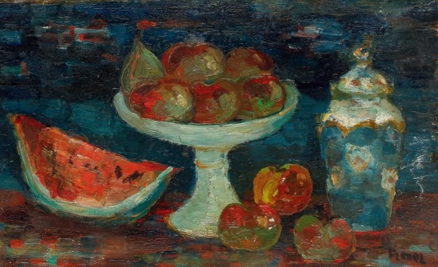 Isaac FRENKEL dit FRENEL (1899-1981)
Nature morte à la coupe et au vase. Huile sur carton, signée en bas à droite, (petits manques). 32,7 x 52 cm.(*)