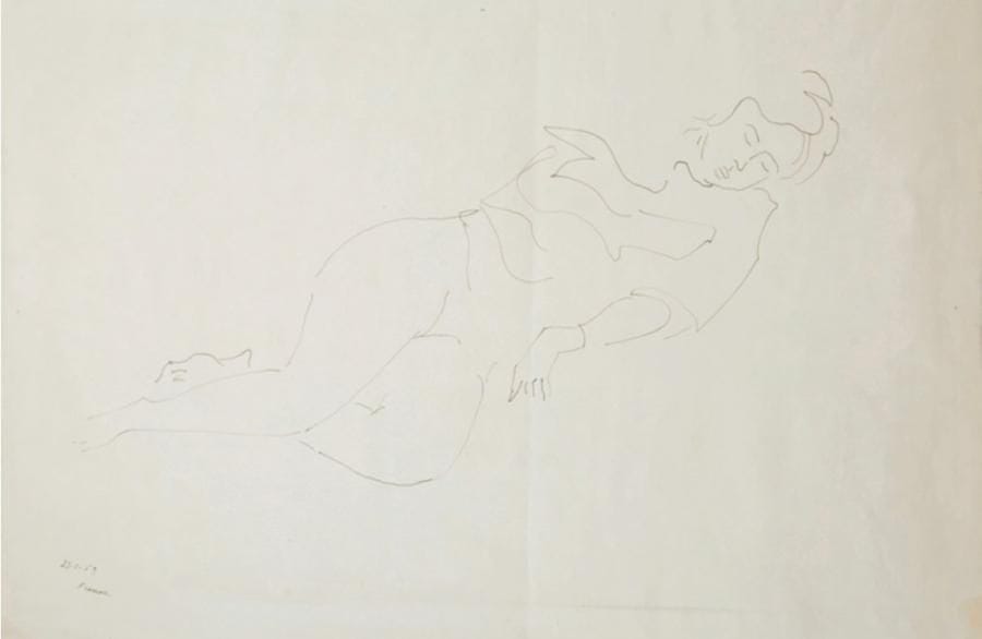 Isaac FRENKEL dit FRENEL (1899-1981)
Femme allongée, 1959 Encre. Signée et datée "23 1 59" en bas à gauche. 37 x 54 cm.(*)