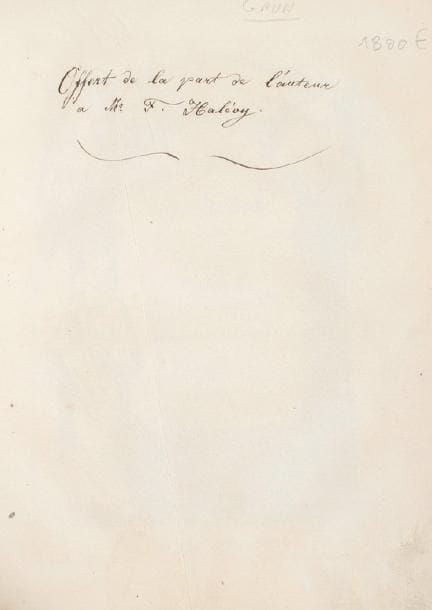 MUSIQUE - NAUMBOURG S Chants religieux des israélites. Paris, l'auteur 1847, un vol. in folio, rel. ép. plein maroquin bleu nuit, important décor à froid sur les plats dans un encadrement de double filet doré, titre doré au centre du premier plat, tranches dorées, dos lisse refait. Précieux exemplaire portant sur le feuillet de garde une dédicace manuscrite de l'auteur au compositeur F. Halévy: elle est d'autant plus intéressante que celui-ci a composé deux des morceaux du recueil (Ps. 118, pp. 65 et p. 70). (Usures à la reliure et rousseurs intérieures).(*)