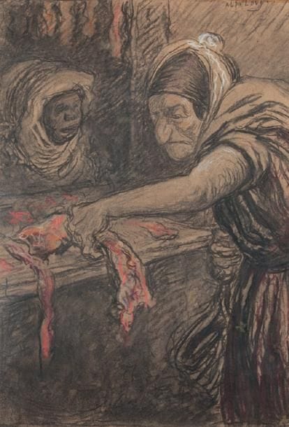 Alphonse LEVY (1843-1918)
Chez le boucher en Algérie Fusain et pastel. Signé en haut à droite. 52 x 36 cm