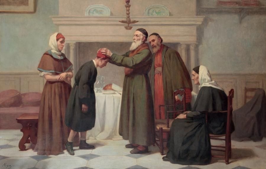 MOYSE Edouard (1827-1908)
La bénédiction de l'aïeul Huile sur toile, signée en bas à gauche. 77 x 120 cm. Edouard Moyse forme, avec Edouard Brandon, né la même année que lui, et Alphonse Lévy, né en 1843, la triade majeure, en France, des peintres juifs du judaïsme au XIXe siècle. Tous trois sont à peu près les contemporains et les équivalents de Moritz Oppenheim en Allemagne, d'Isidor Kauffmann en Autriche, de Simeon Solomon et Salomon Hart en Angleterre, de Maurice Gottlieb en Pologne: des artistes qui mettent leur très grand talent au service d'une exaltation de la vie juive quotidienne et de ses valeurs, en alliant qualité technique, modernité (pour leur époque) et fierté de leur culture ancestrale. Surnommé dès 1870 par Cerfberr de Médelsheim, non sans ironie, «le peintre des rabbins», Edouard Moyse, après avoir été l'élève de Drolling, a popularisé dans les salons officiels un judaïsme familial et chaleureux mêlant des éléments empruntés à l'Est de la France (comme ici la lampe de type judenstern que l'on voit, complète de son godet, à la partie supérieure du tableau), et des costumes plus orientaux qu'occidentaux, peut-être liés au souvenir de son voyage en Afrique du Nord. Notre tableau, que l'on peut dater entre 1865 et 1900, est par ses dimensions et par son thème un des plus importants et des plus caractéristiques, parmi ceux qu'il a peints dans le domaine du judaïsme, qui soient passés dans le commerce ces dernières années: il représente la bénédiction d'un jeune garçon par son grand-père, soit à l'occasion du Shabbat, soit lors d'une Bar Mitwah. Oeuvres en rapport: La bénédiction de l'aïeul, gravure originale de l'artiste, datée de 1866, mais certains personnages ont des positions différentes. Auto-portrait de l'artiste, conservé dans une collection privée parisienne, et La circoncision, tableau passé en vente à Tel Aviv en 1995, dans lesquels on retrouve peintes des faïences analogues à celles qui figurent sur notre tableau