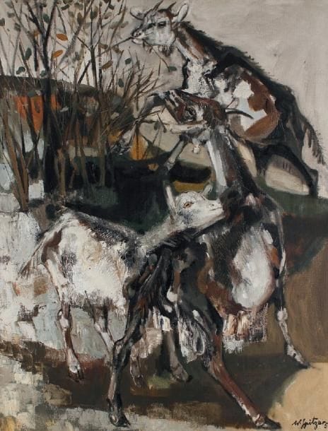 Walter SPITZER (né en 1927)
Trois chèvres, 1957 Huile sur toile. Signée et datée en bas à droite. Exposée au Salon des Indépendants en 1957. 147 x 114 cm