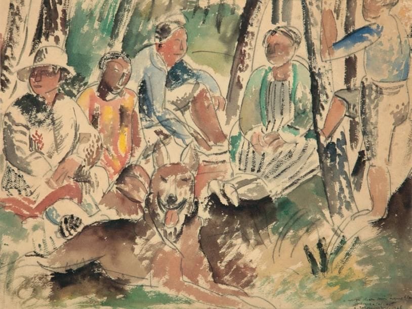 Charles TCHERNIAWSKY (1900-1976)
Le déjeuner sur l'herbe, 1926 Gouache et crayon gras. Signé, daté et dédicacé "A mon cher ami Lenoble amicalement" en bas à droite. 30 x 39 cm.(*)