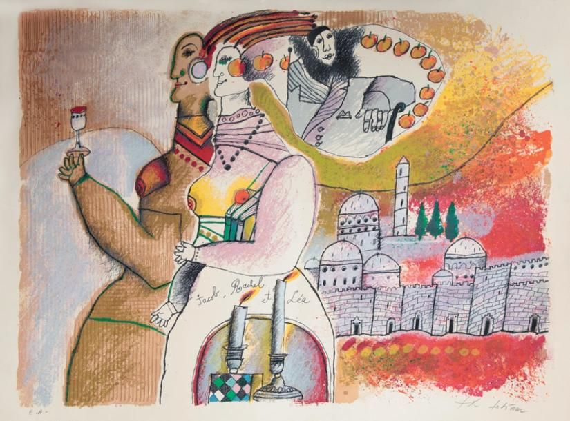 Théo TOBIASSE (né en 1927)
Jacob, Rachel et Léa Lithographie. Signée en bas à droite, justifiée "Épreuve d'Artiste". 58 x 77 cm.(*)