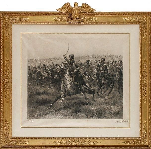 Edouard DETAILLE
Vive l'Empereur! Charge du 4ème Hussards à Friedland. Gravure en noir et blanc contresignée au crayon en bas à droite. 62 x 70 cm. Sous verre. Dans un cadre en bois doré à décor de palmettes, surmonté d'un Aigle. (Rousseurs).