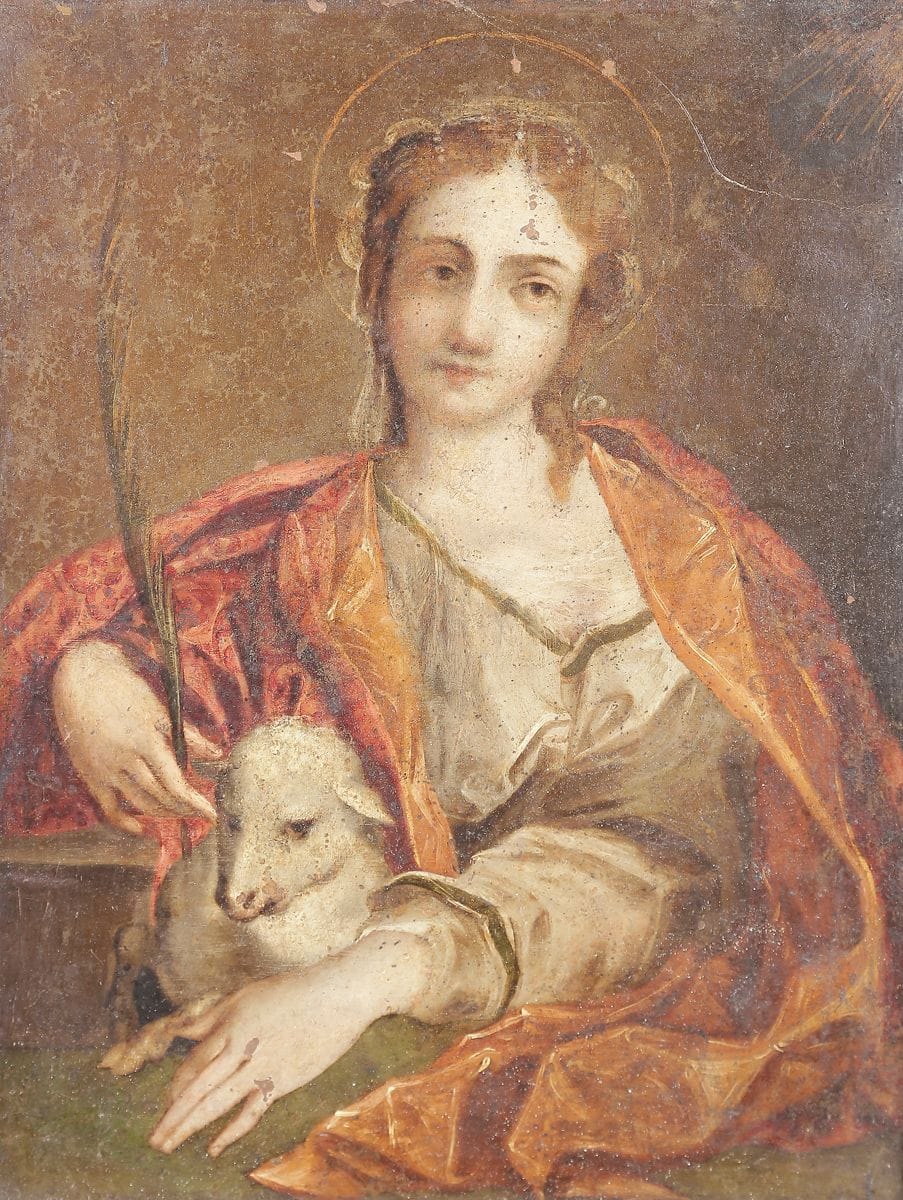 École ITALIENNE du XVIIe siècle
Sainte Agnès
Cuivre
22 x 16 cm
(Manques et restaurations)
Cadre : en placage d’ébène mouluré (accidents)