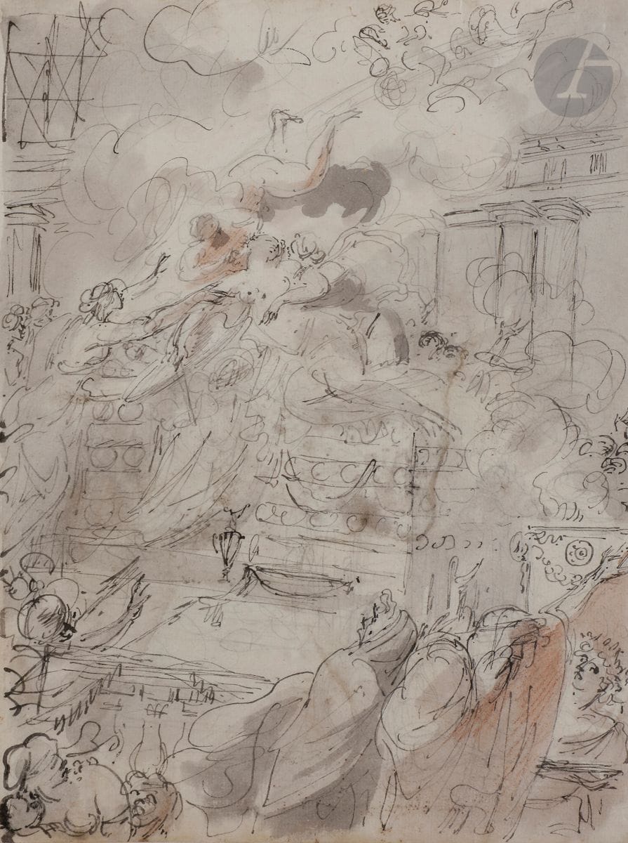 Louis MASRELIEZ
(Paris 1747 - Stockholm 1810)
Le Sacrifice d’Iphigénie
Plume et encre noire, lavis gris, sanguine et lavis de sanguine sur traits de crayon noir
27,5 x 21 cm
(Petites taches).
