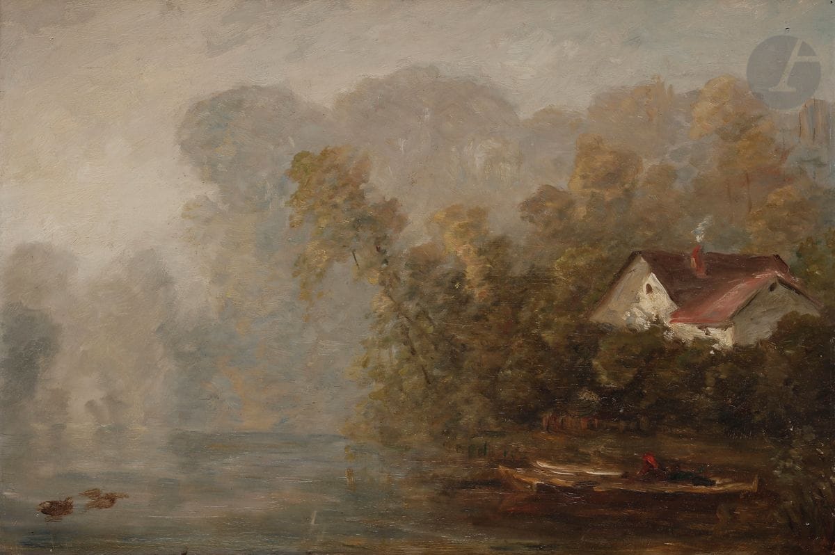 Paul HUET (Paris 1803 - 1869)
Étang le matin dans le Valois
Panneau
33 x 51 cm
Cachet de l’artiste au revers du panneau
Inscriptions au revers du panneau « Etang le matin dans le Valois / 1849 / du côté de Moret ? / de Meaux ? »