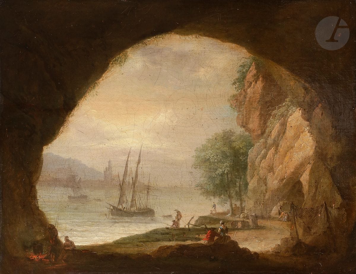 Attribué à Jean François HUE (1751 - 1823)
Navires vus d’une grotte
Toile
31 x 40 cm