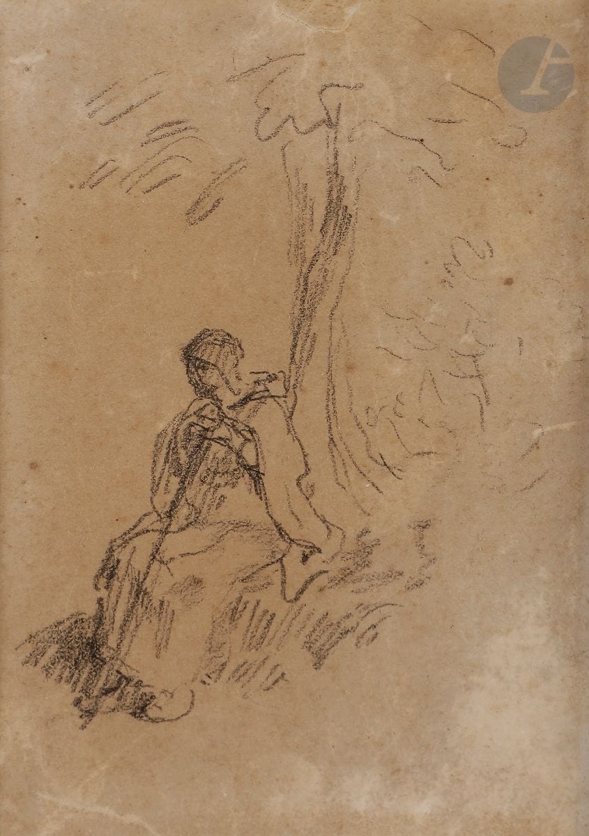 Jean-François MILLET 
(Gréville-Hague 1814 - Barbizon 1875)
Bergère au repos
Crayon noir
12,5 x 8,5 cm
(Papier insolé, petites déchirures, épidermures)