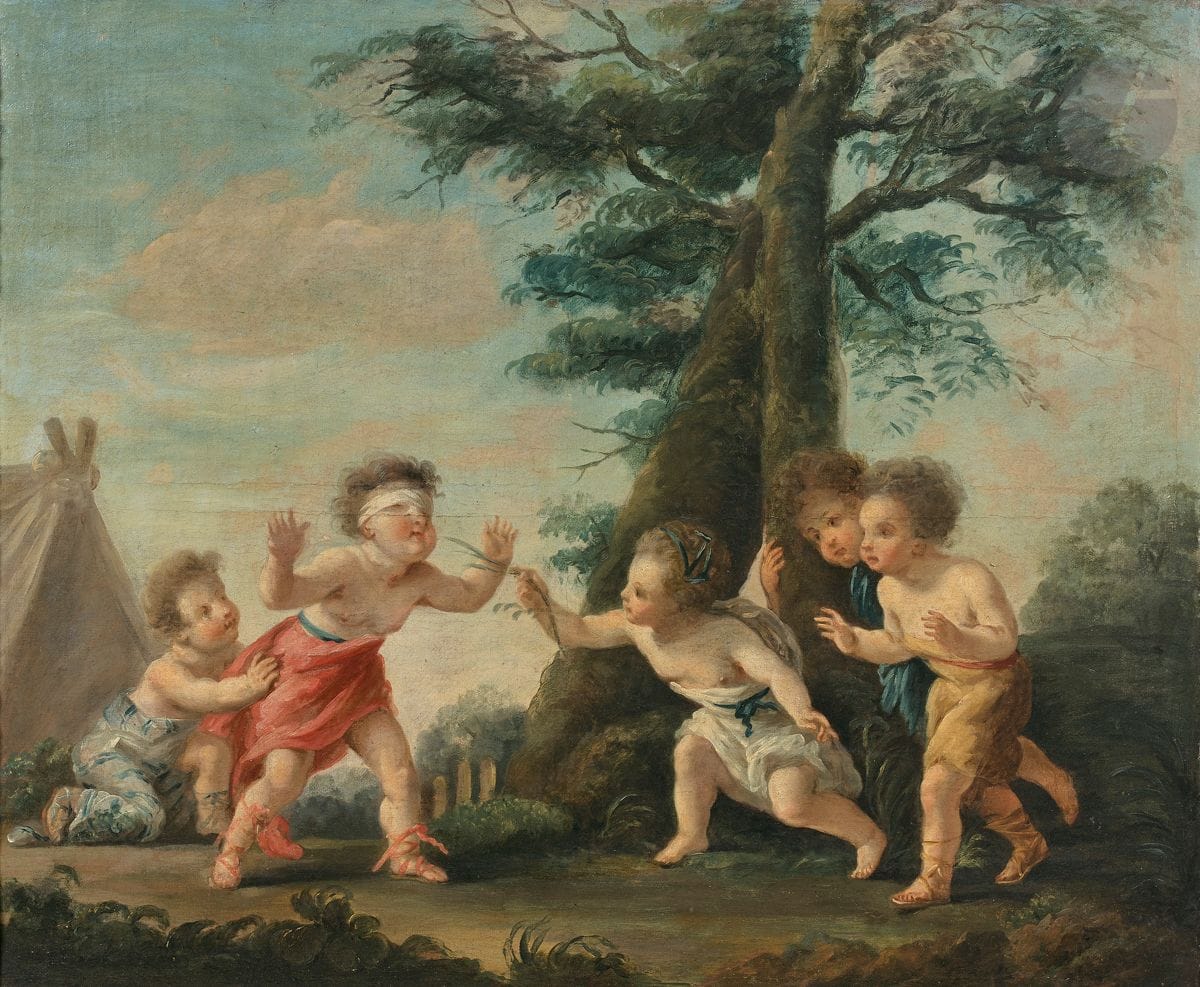 École FRANÇAISE du XVIIIe siècle, 
atelier de Noël HALLE
Danse de putti
Toile
62 x 77 cm
(Restaurations anciennes)