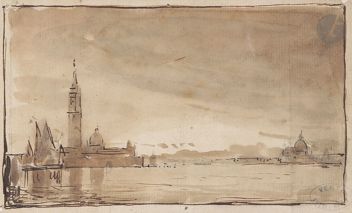 Amédée ROSIER (1831-1898)
Vue de Venise
Plume, encre brune sur traits de crayon noir, lavis brun
Cachet d’atelier en bas à droite
11,5 x 18 cm
(Pliures et manques dans les coins)