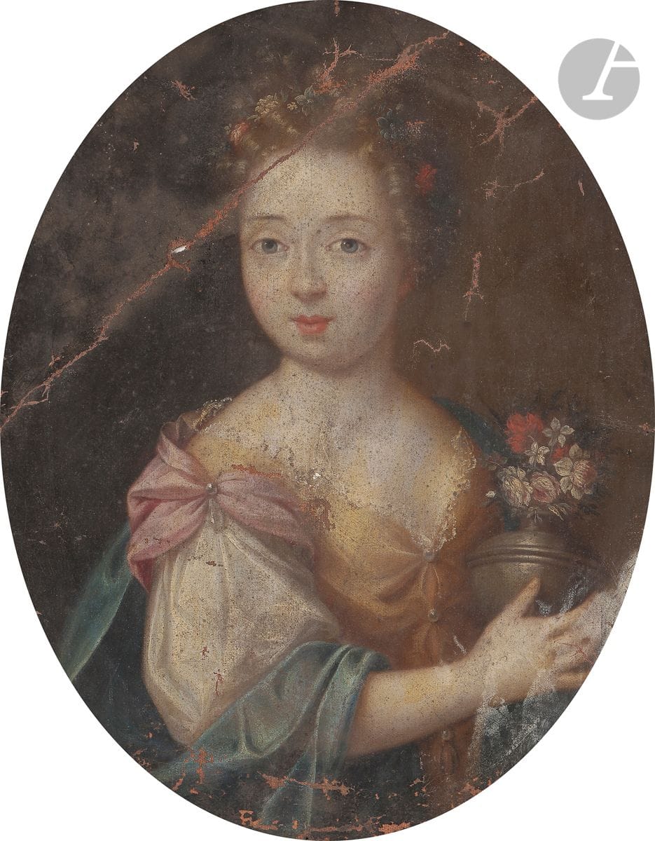 École française du XVIIe siècle
Portrait de jeune fille tenant un vase de fleurs
Toile d’origine ovale, sans châssis
Sans cadre
41 x 33 cm
(Pliure, accidents et manques)
Inscriptions au revers de la toile « Julie D... »