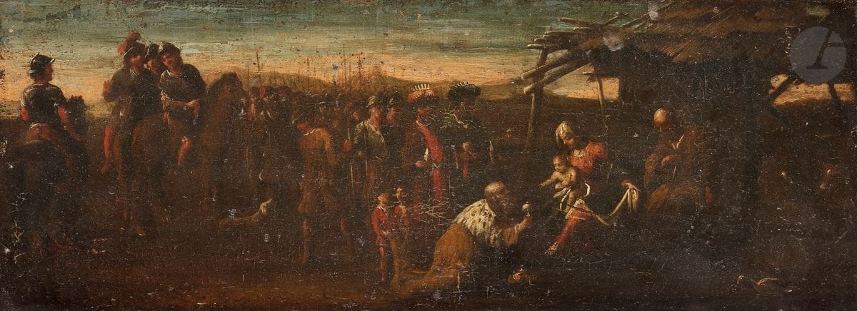 École NAPOLITAINE du XVIIe siècle
L’Adoration des Mages
Toile
22 x 58 cm
(Restaurations anciennes et manques)