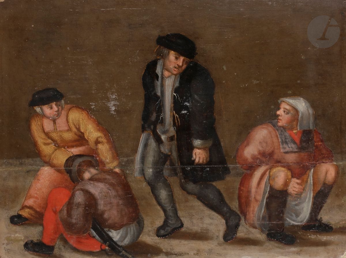 Dans le goût de Pieter BRUEGHEL le JEUNE
Le retour de la Kermesse
Panneau de chêne, deux planches, non parqueté
Sans cadre
22 x 30 cm
(Usures et restaurations)