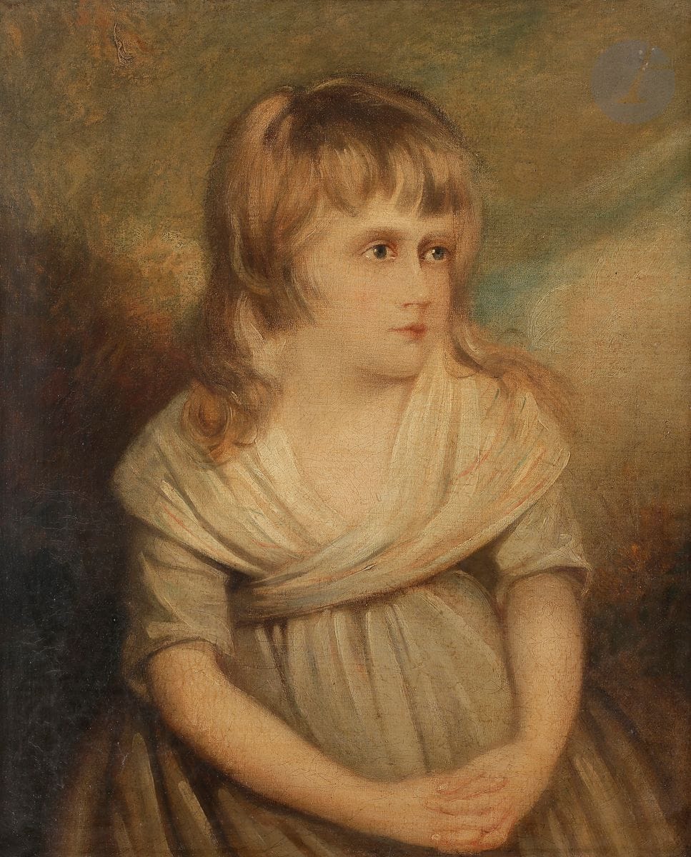 École anglaise vers 1800
Portrait de jeune fille
Toile
60 x 50 cm
La cadre porte un cartouche « Russel John Cuildford 1745 - Londres 1806 »