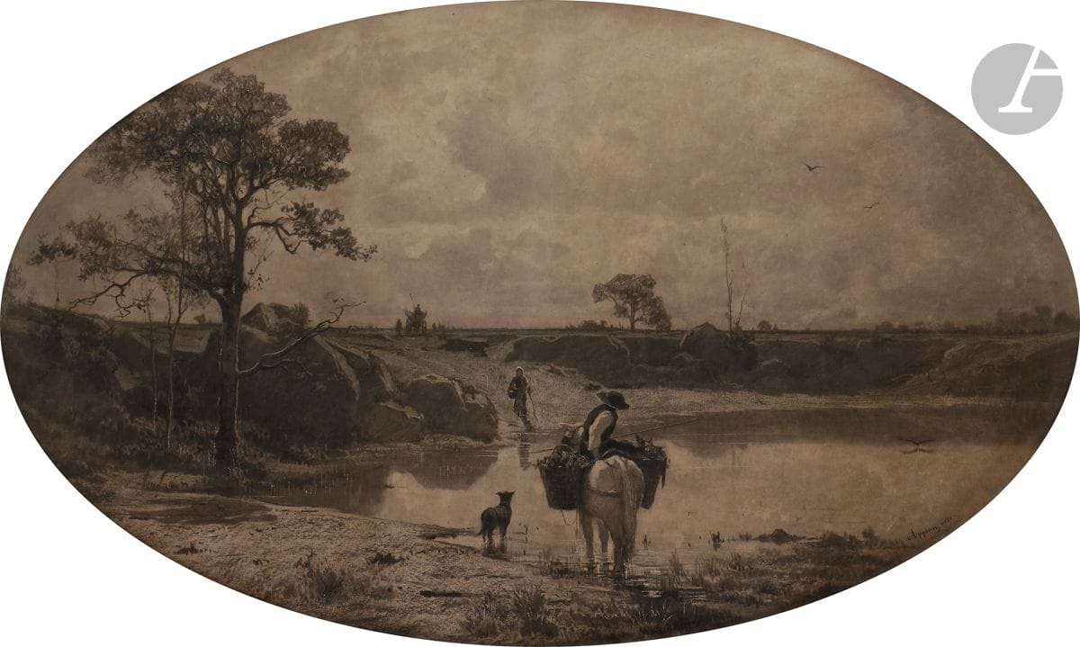 Adolphe APPIAN (Lyon 1818 - 1898)
Paysans au bord d’un étang, 1862
Fusain, estompe et grattage
Signé et daté en bas à droite
60 x 100 cm dans un ovale
(Taches)