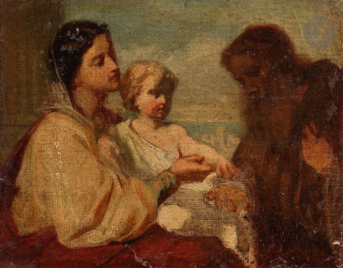 Hugues MERLE (Le Sône 1822 - Paris 1881)
L’Aumône
Toile
17 x 22 cm
Sans cadre

Notre toile est l’esquisse pour le tableau d’Hugues Merle de 1860 conservé dans une collection particulière et qui fût un temps en dépôt au The John and Mable Ringling Museum of Art, en Floride (Michaël Vottero, « Hugues Merle (1822-1881) Peinture de genre et marché de l’art sous le Second Empire », Bulletin de la Société de l’Histoire de l’Art français, année 2011, p.173, n°59).