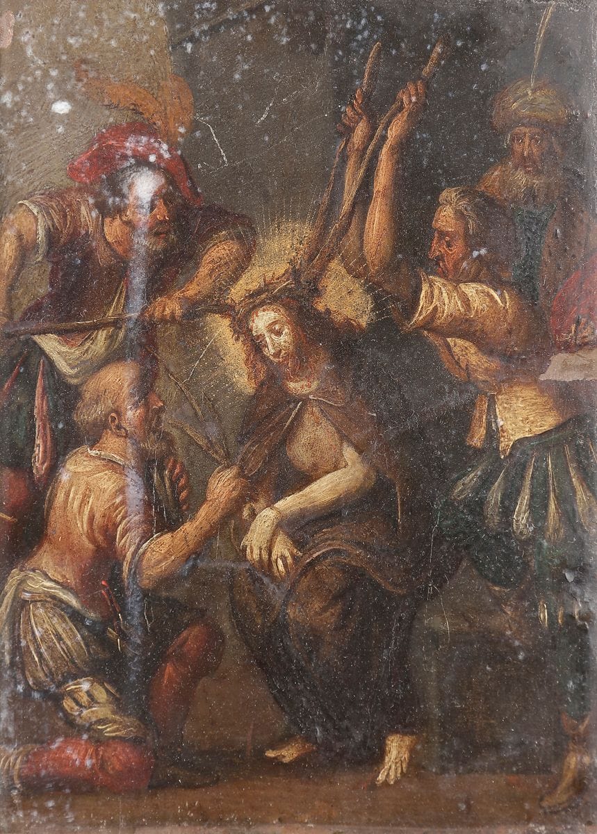 École Flamande du XVIIe siècle
Le couronnement d’épines
Cuivre
15,5 x 12,5 cm
(Manques et accidents)