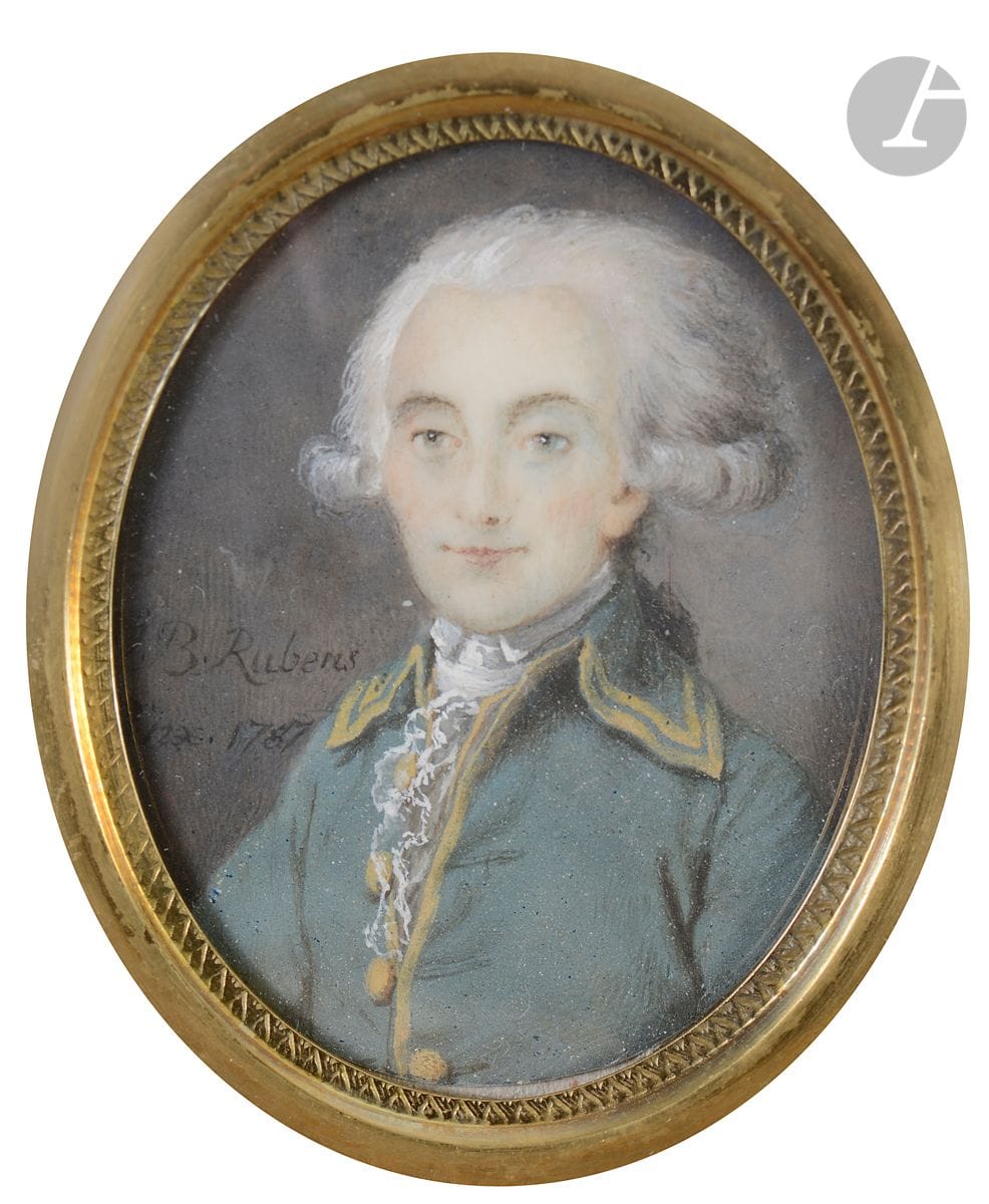 Attribué à Jean-Baptiste RUBENS ( ? - vers 1824)
Portrait d’homme en costume vert gansé d’or, à mi-corps de trois-quarts à gauche, perruque poudrée
Miniature sur ivoire
Signée et datée à gauche : « J.B. Rubens / [Pi]nxt 1787 » 
4,5 x 3,4 cm à vue
(Petit fendillement à droite) 
Cerclée de laiton doré 5,5 x 4,6 cm
Poids brut : 15,5 g

Dessinateur et peintre en miniature à Bruxelles dont les œuvres sont très rares.